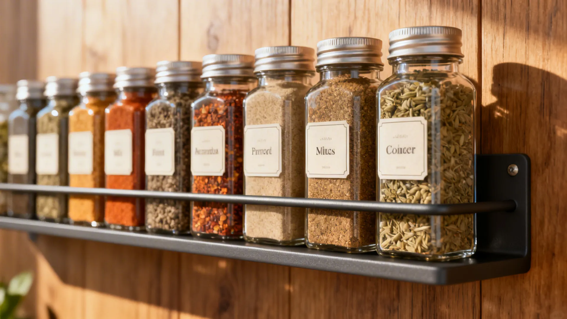 Macro of labeled spice jars on a shallow wall rack with a warm wood backer.