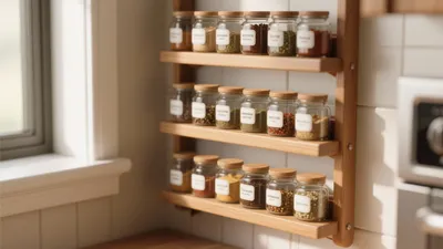Organized Kitchen Spice Rack with Wooden Shelves