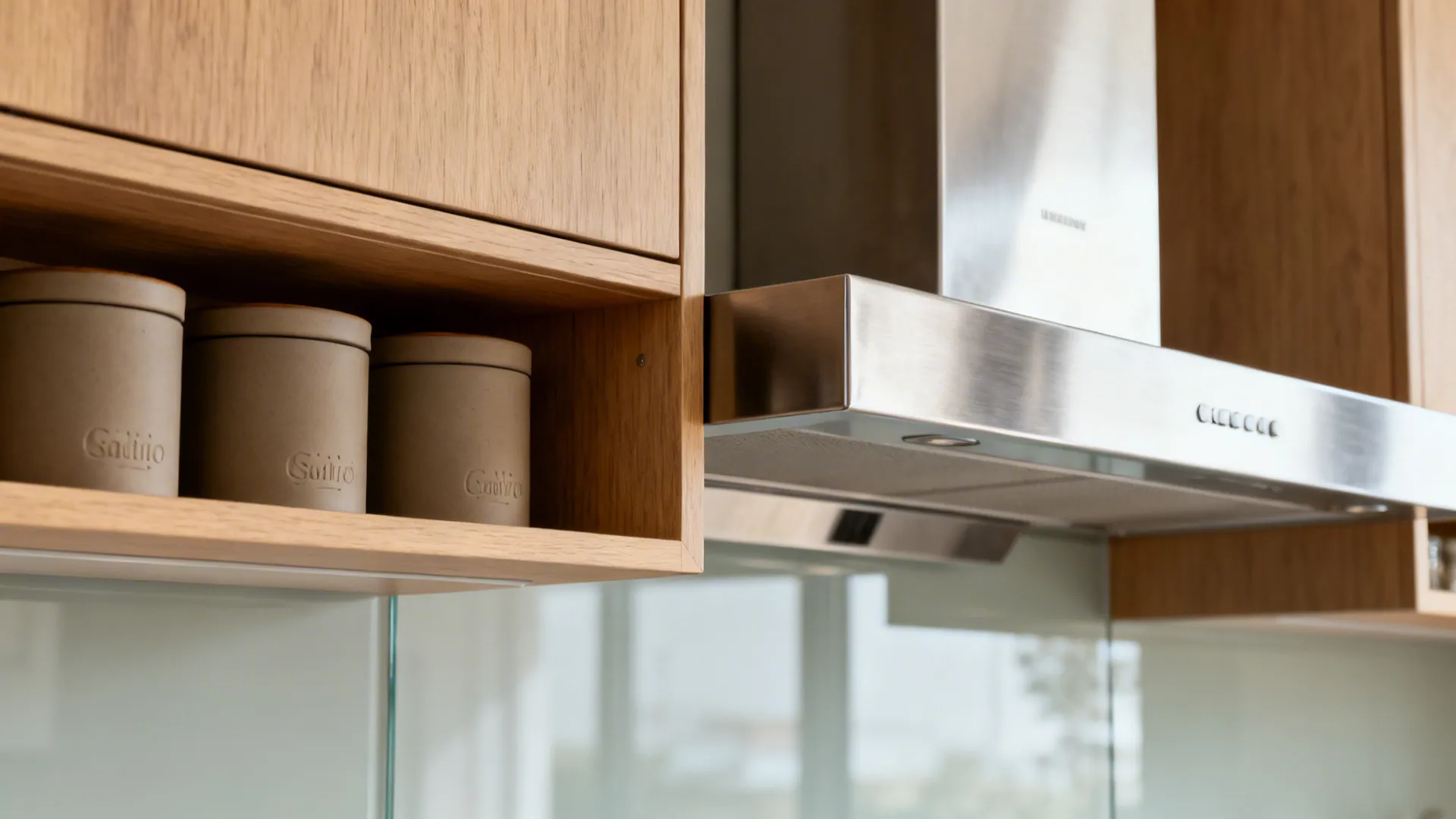 Close-up of spice ledge and stainless chimney hood with satin lacquer cabinetry.