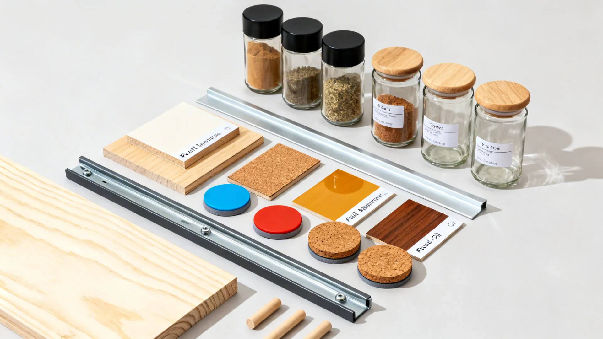 Material flat lay with birch, steel strip, slides, dowels, jars, pads, and finishes.