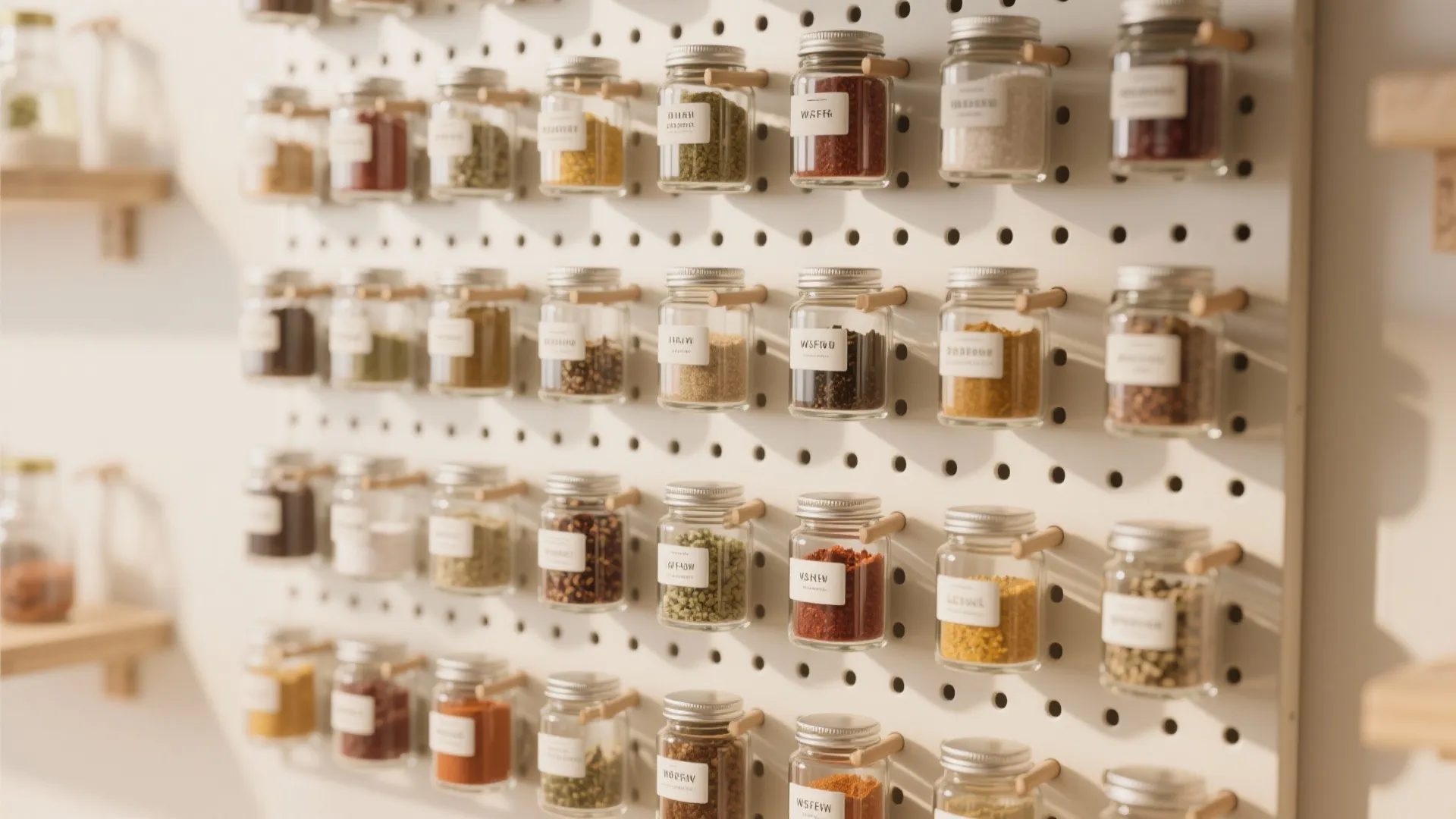 Tidy grid of labeled spice jars mounted on pegboard pegs, fronts facing outward for easy reading.