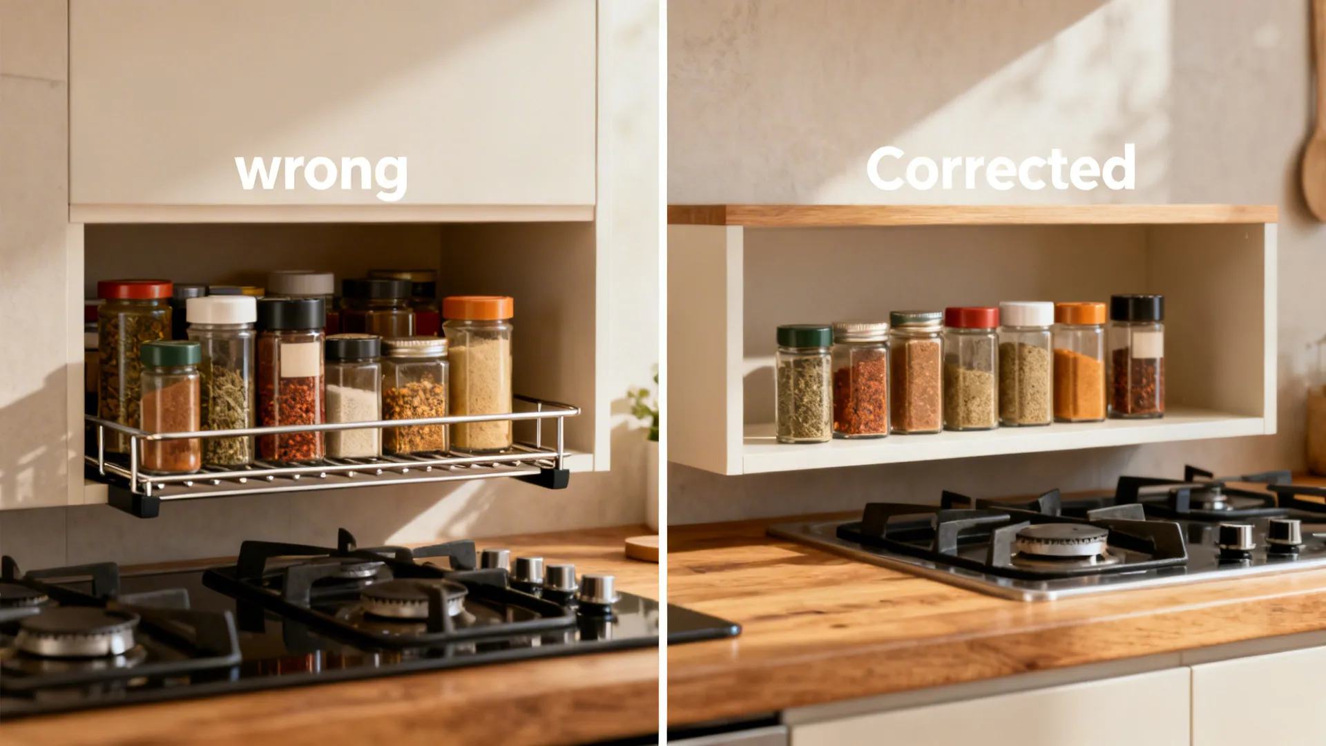 Side-by-side scenes of common spice rack mistakes and corrected solutions.