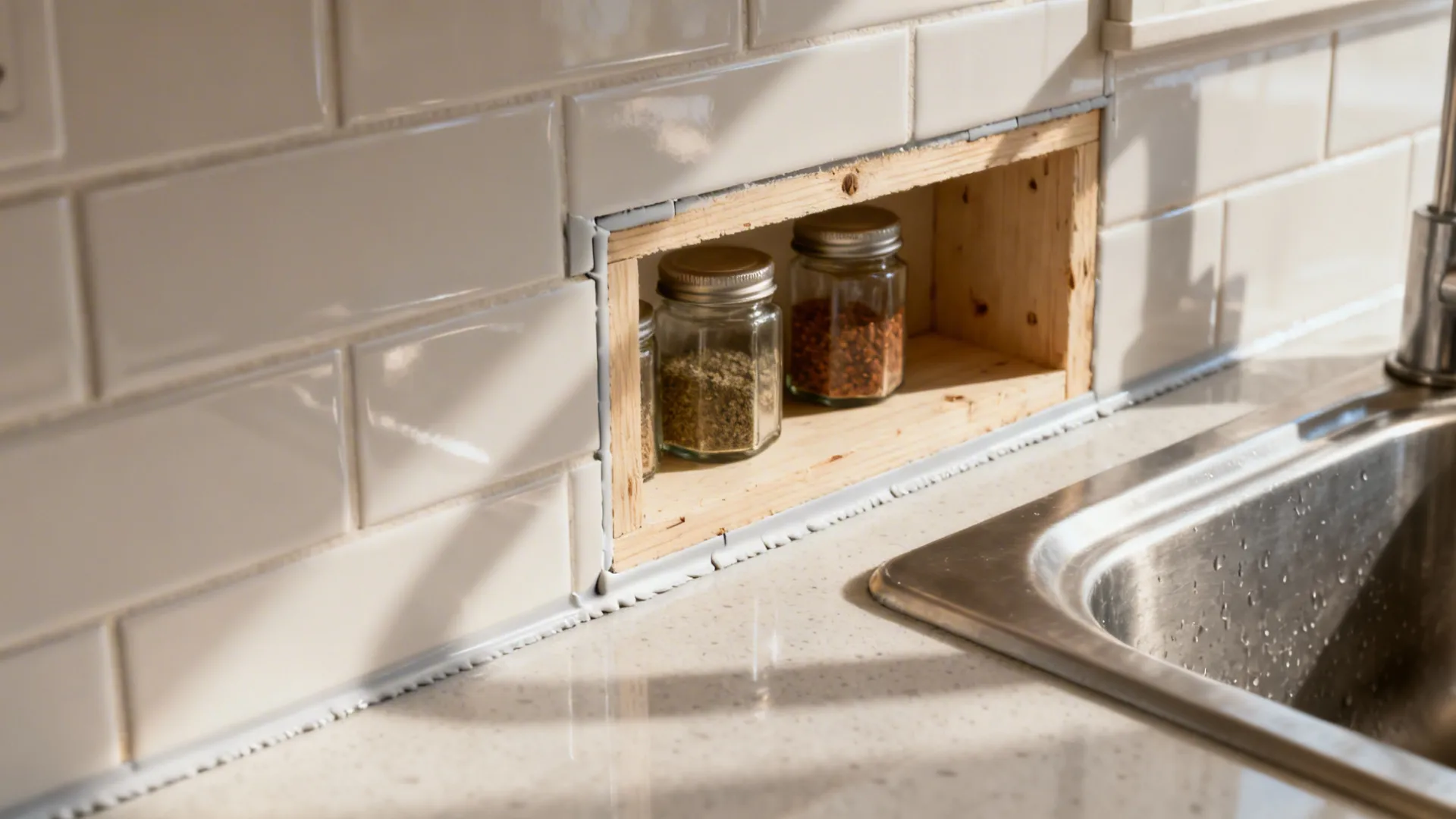 Macro of a sealed recessed spice niche with matte tile and tidy caulk near a sink area.