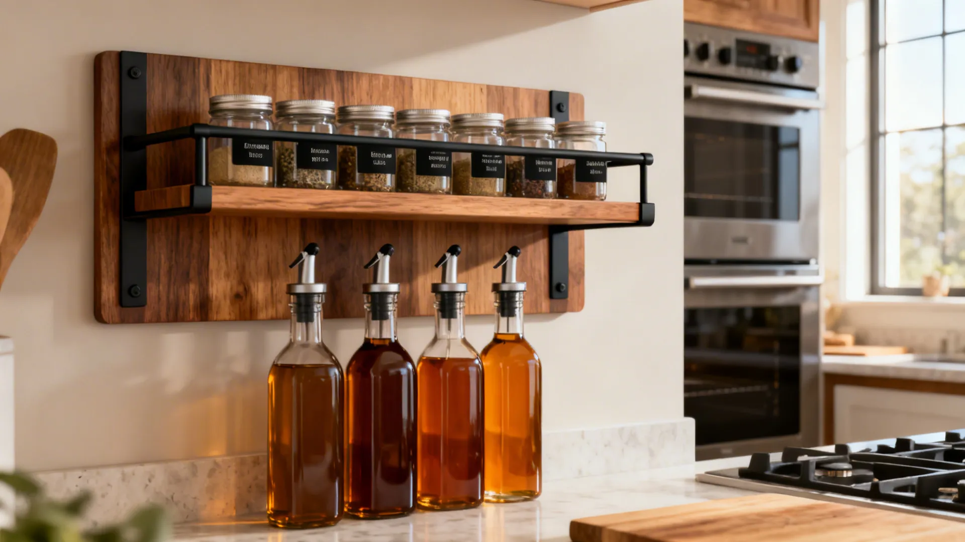 Double-tier wall spice and oil rack with labeled jars and pourers on a warm wood backer.
