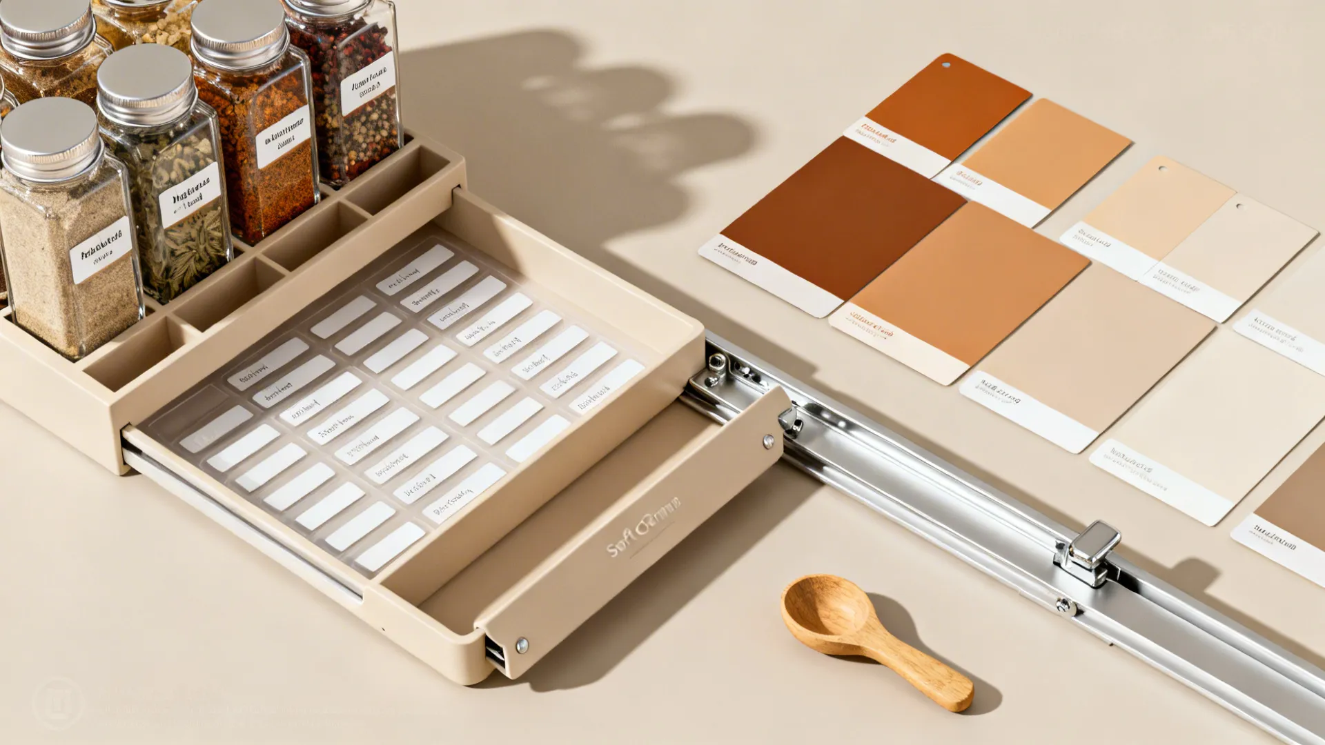 Top-down layout of labeled spice jars, tiered trays, runners, and laminate swatches.