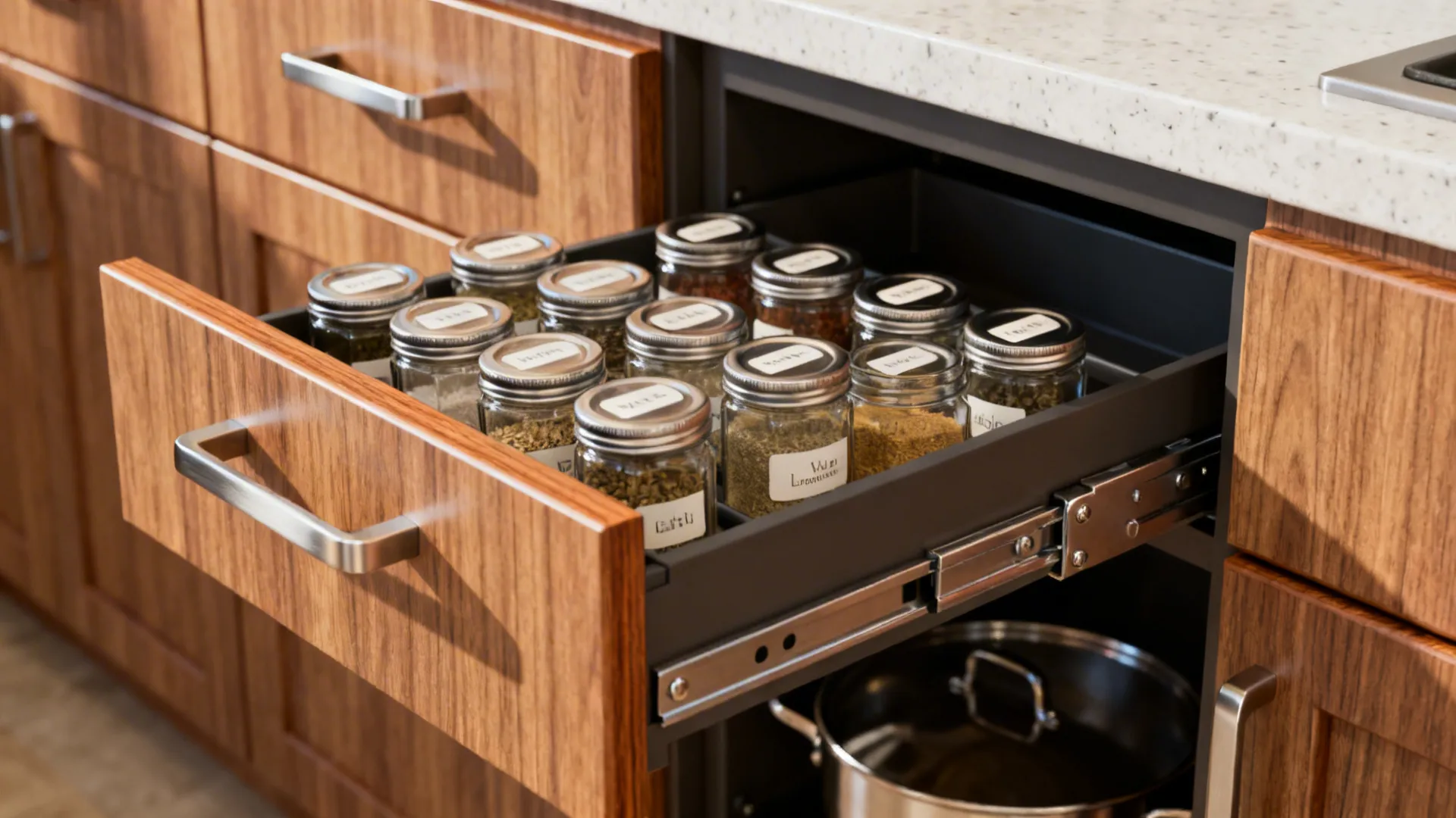 Close-up of a slim pull-out spice rack and deep drawers with soft-close hardware.