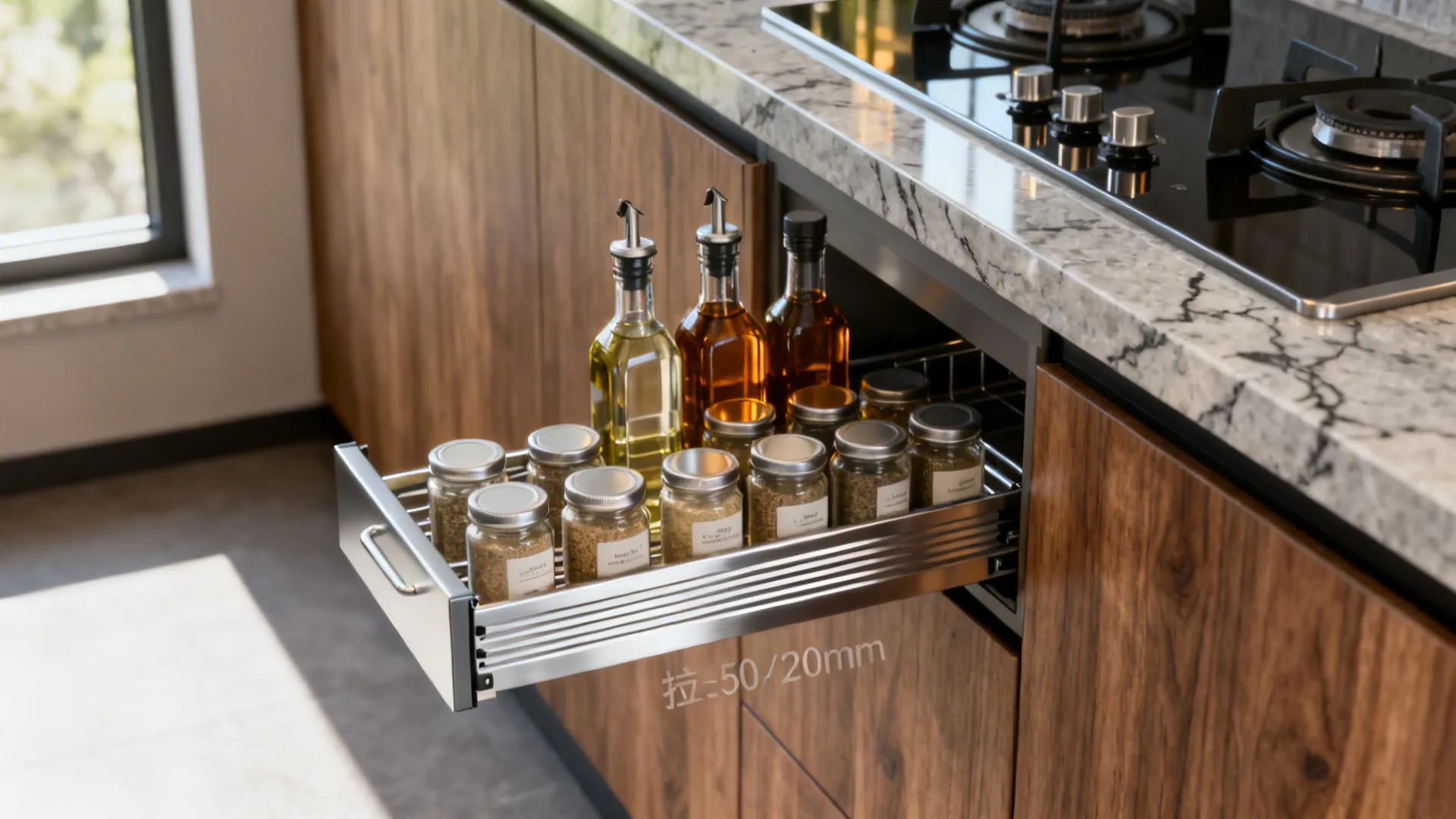 Macro of a slim pull-out spice rack by the stove with oils and spices neatly organized.
