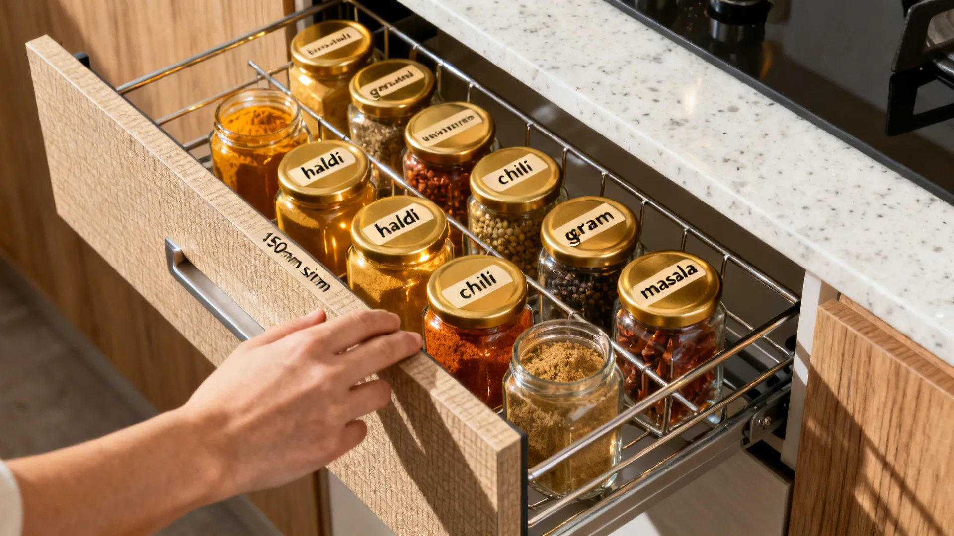 Macro of a slim spice pull-out with labeled masala jars in a semi modular kitchen.