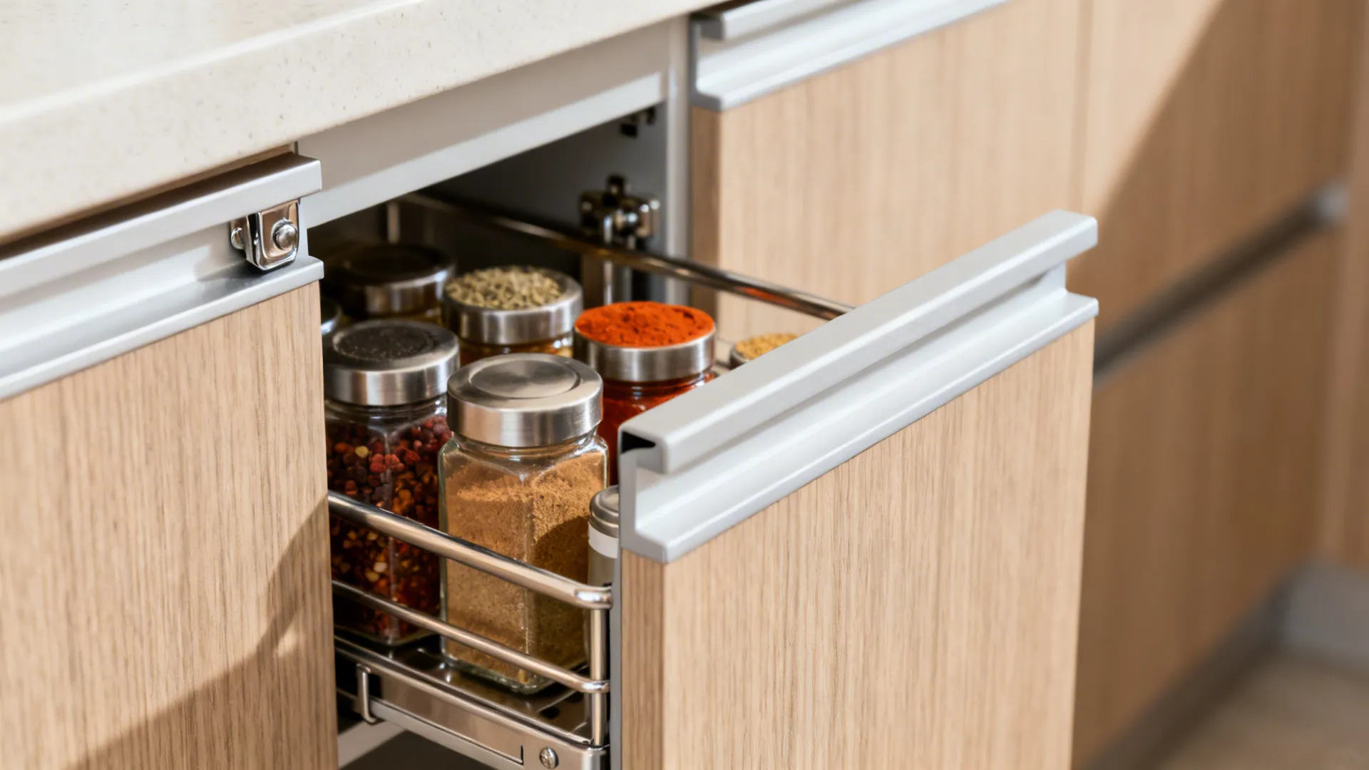 Macro of a slim spice pull-out with stainless trays and flat-panel laminate front.