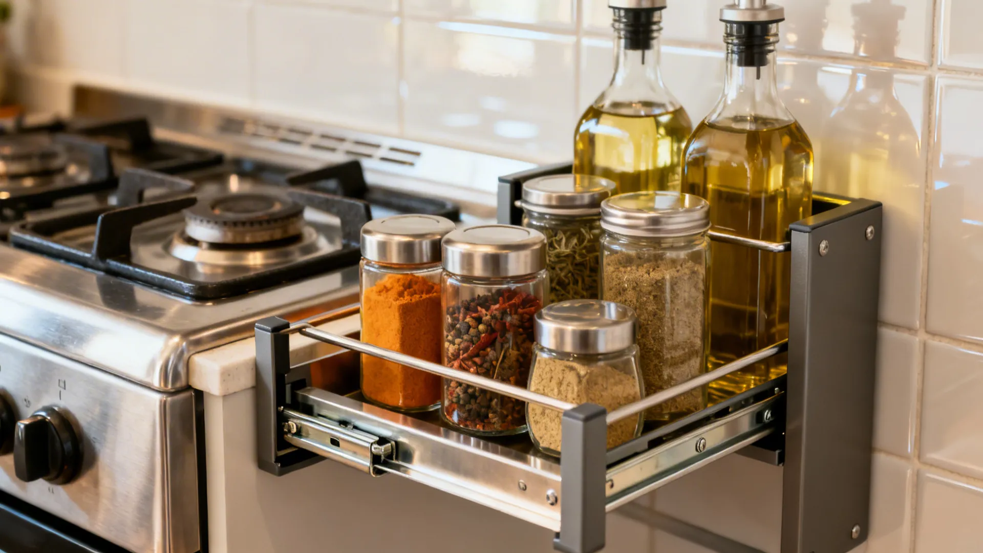 Macro of a 150 mm spice pull-out beside the hob with neatly organized jars.
