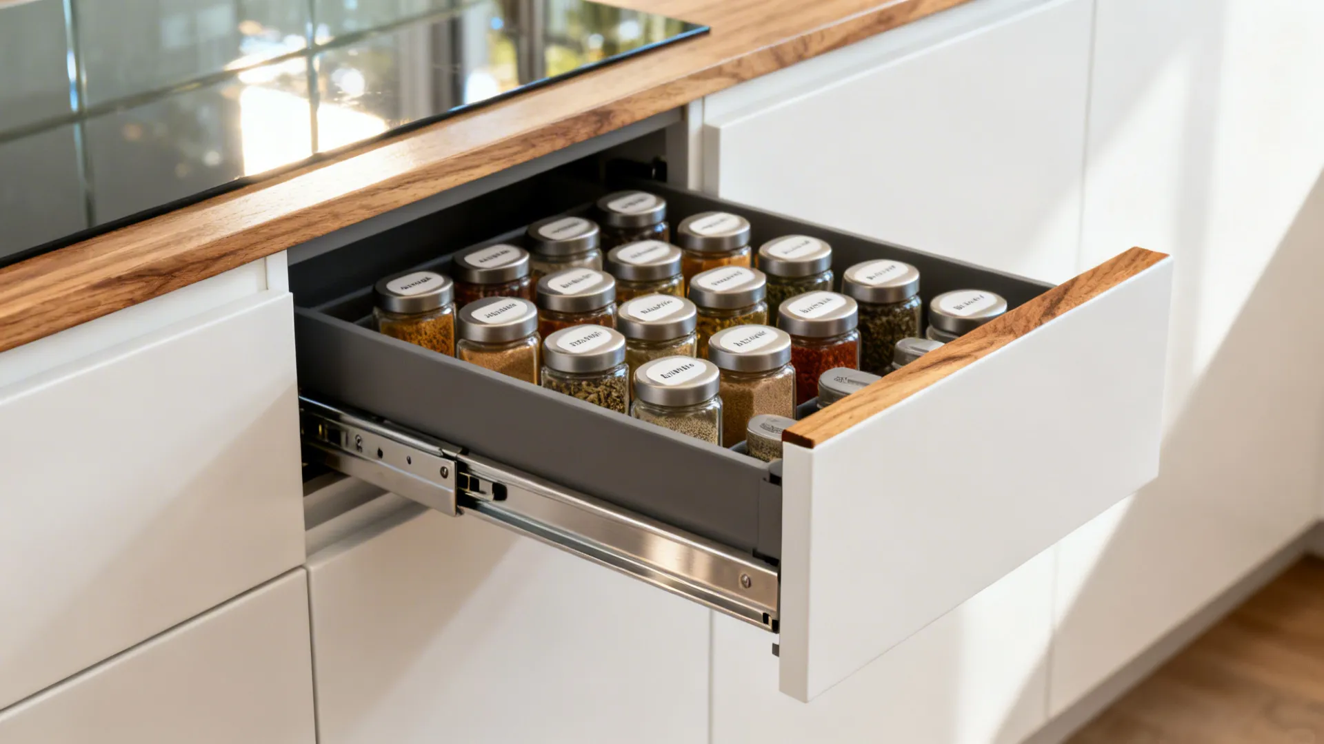 Close-up of a slim spice pull-out with labeled jars and oak accents in a minimalist kitchen.