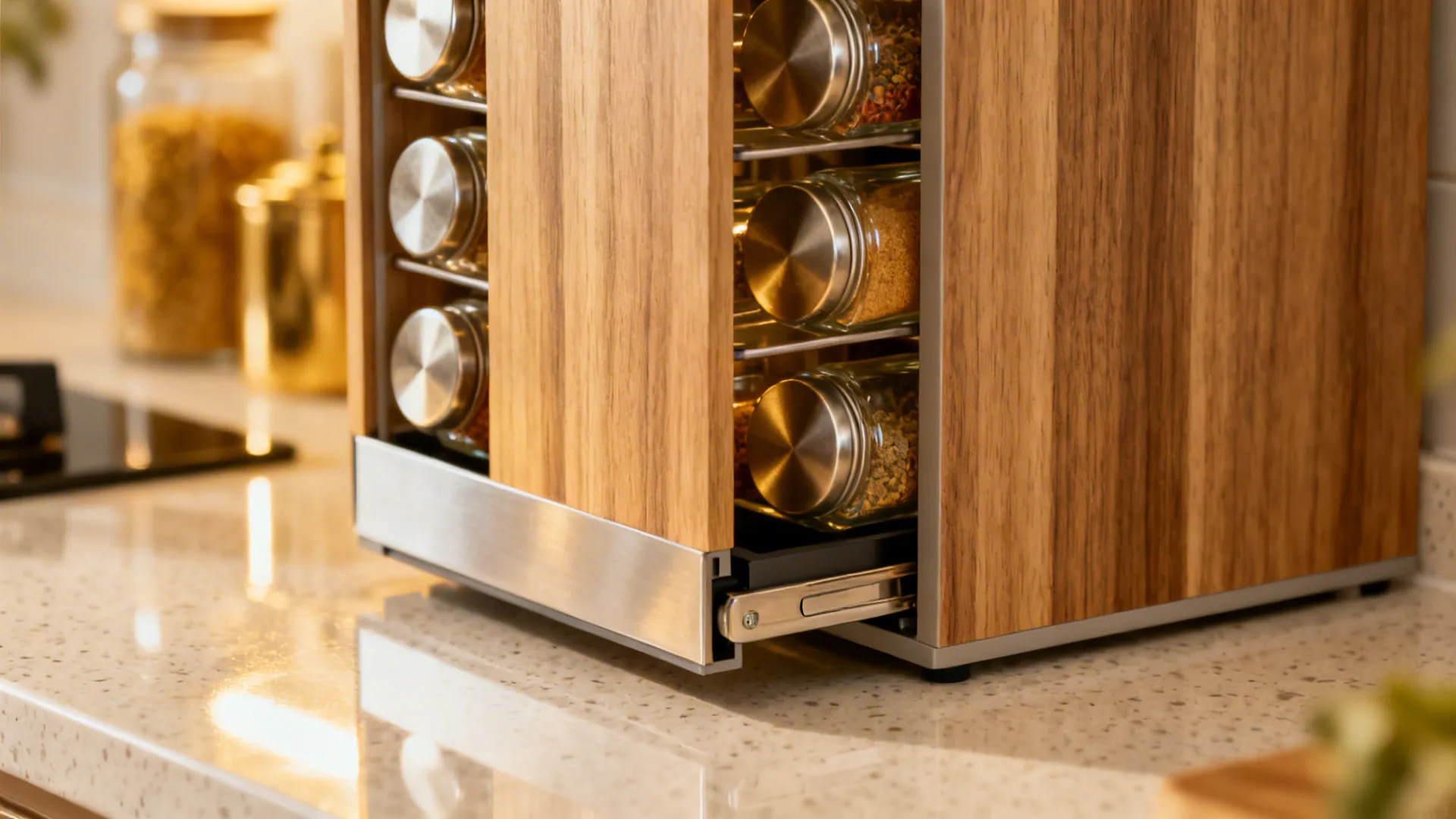 Macro of a vertical spice pull-out with neatly labeled jars in a compact kitchen.
