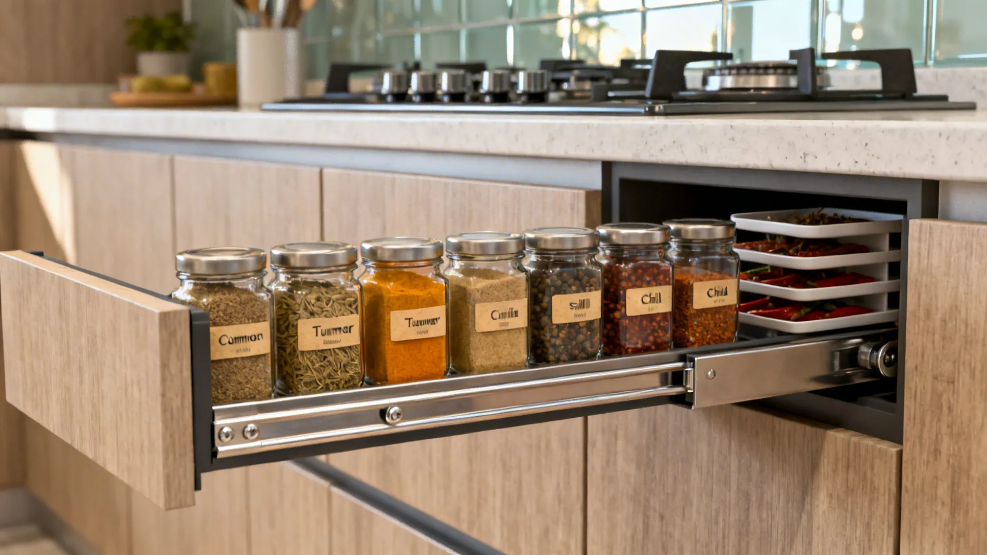Macro of a slim spice pull-out with labeled jars and tiered trays near the cooktop.