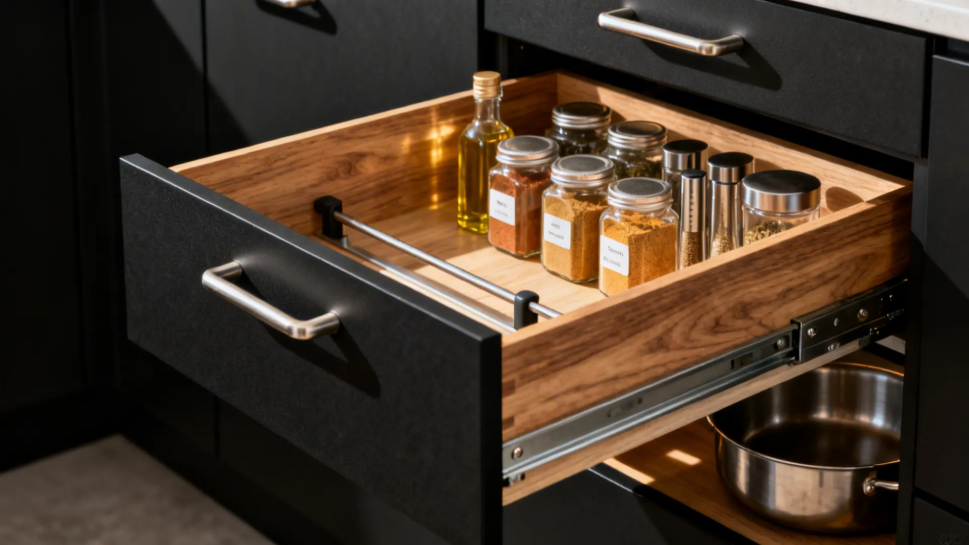 Macro view of a slim spice pull-out and deep drawer with organized masala jars and cookware.