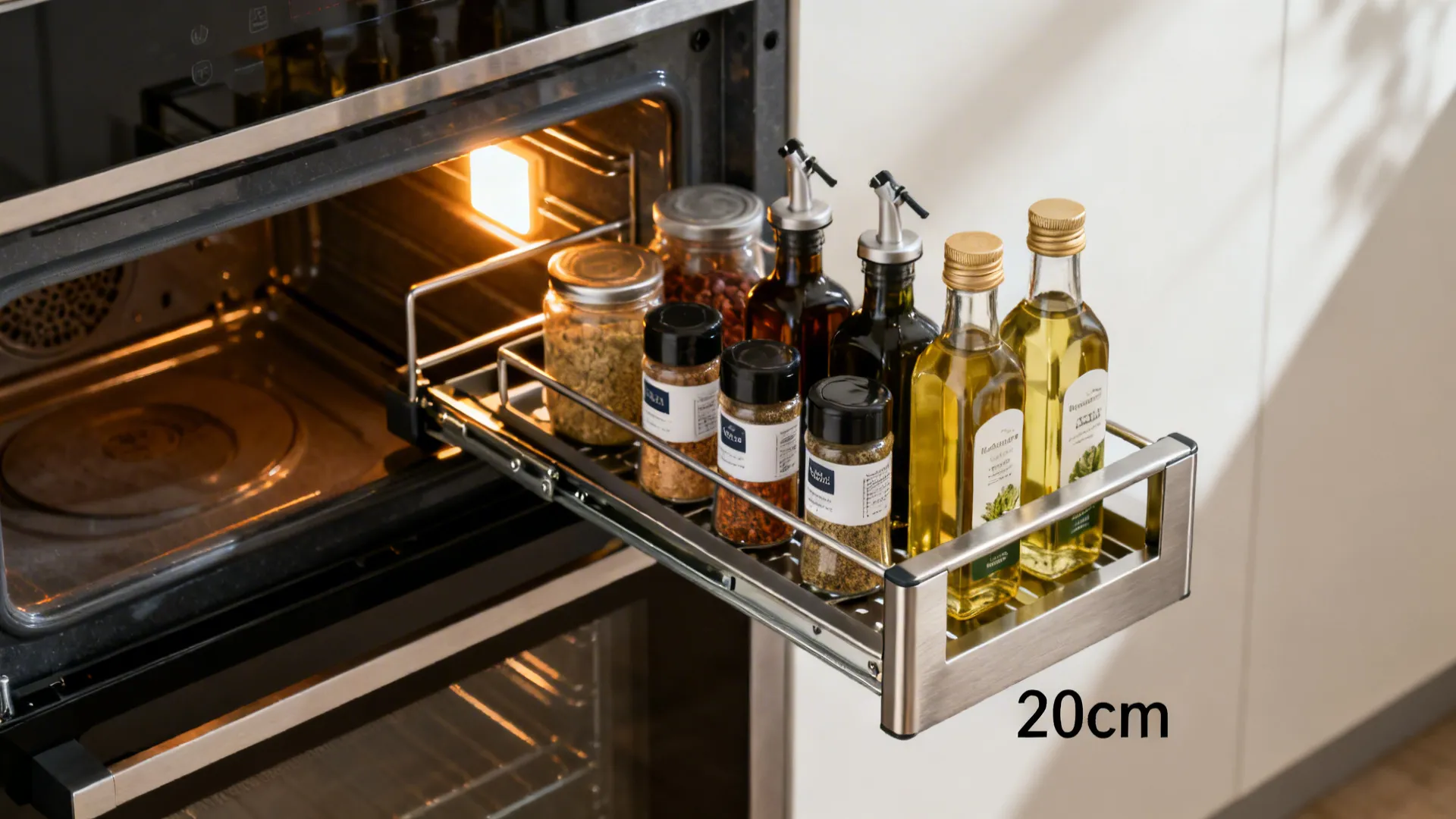 Macro of a slim pull-out spice and oil rack with smooth slides by the oven.