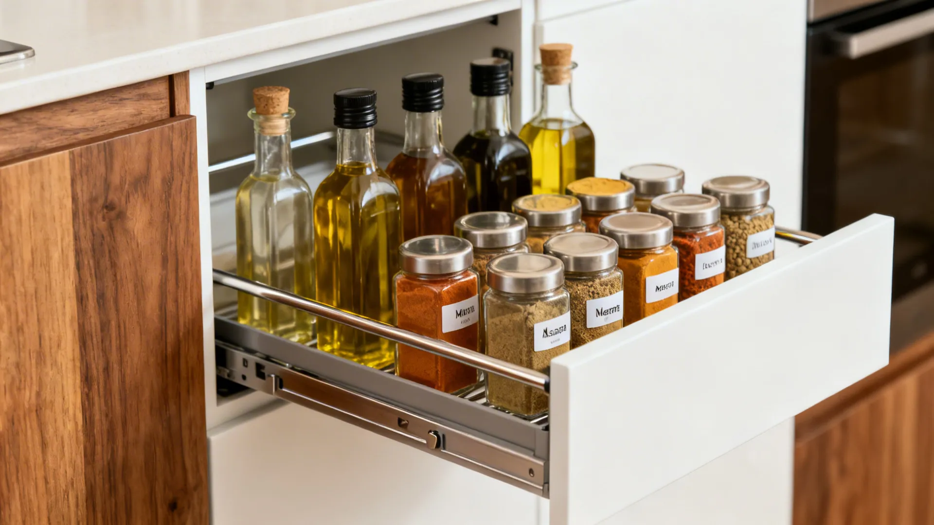 Macro view of a slim pull-out spice organizer with oils and masalas neatly arranged.