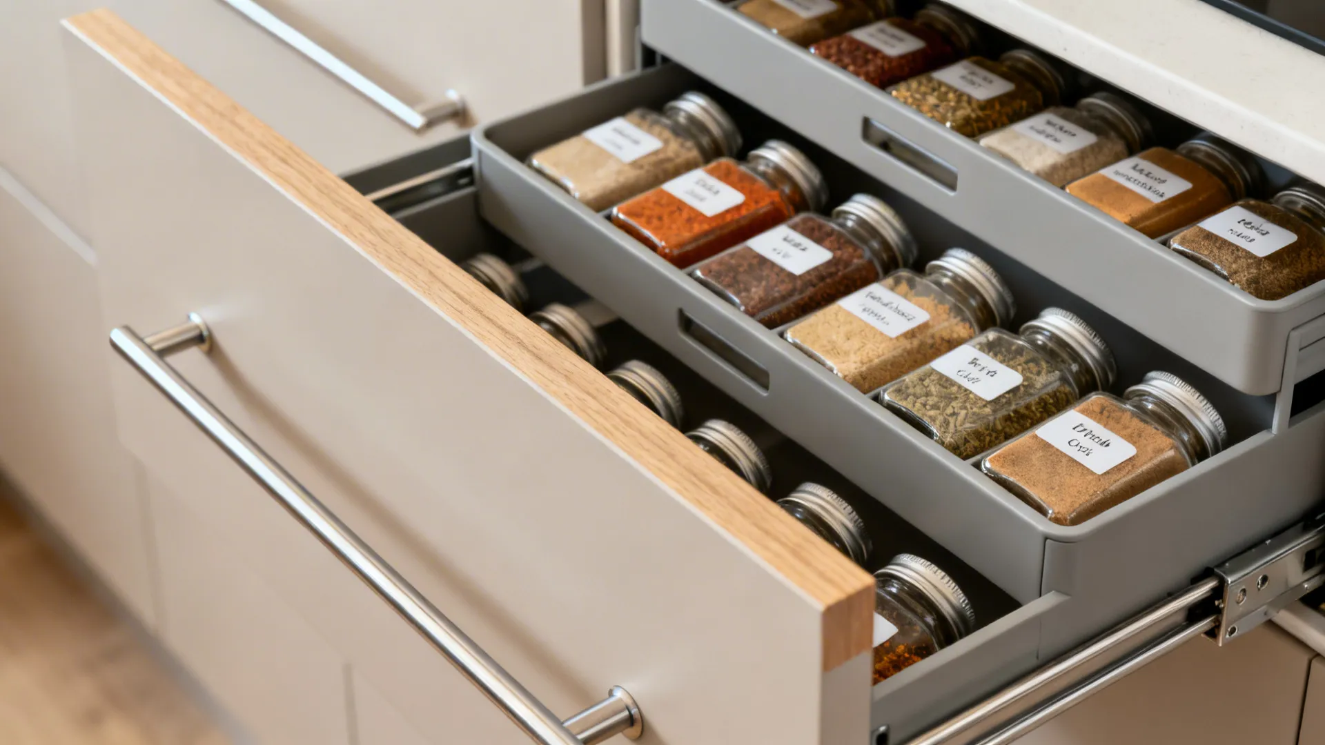 Macro view of a tiered spice pull-out with neatly labeled jars and soft-close hardware.