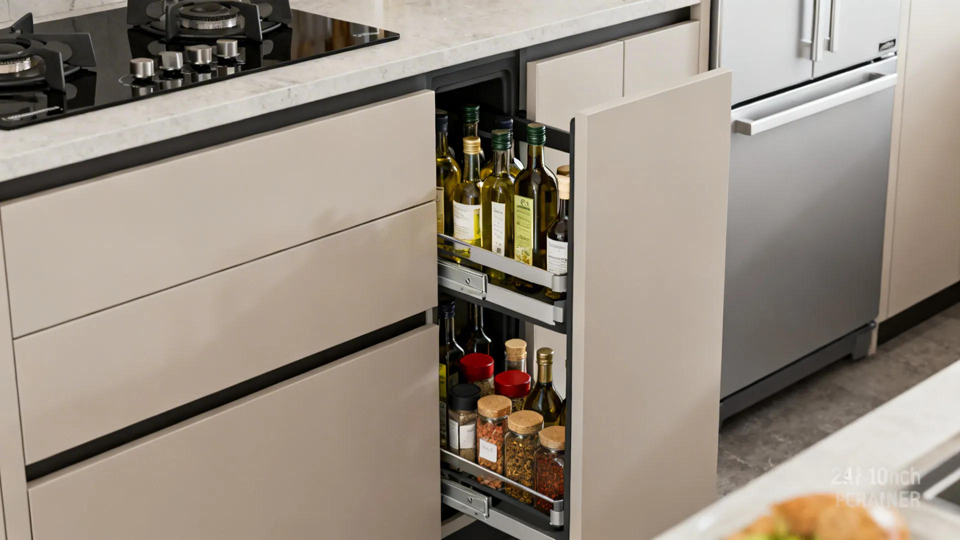 Close-up of a 12-inch pull-out pantry with oils and spices next to a 24-inch induction range.
