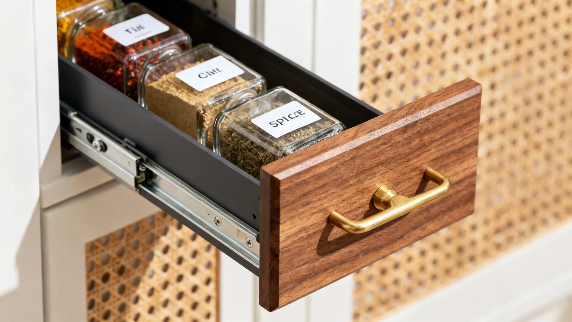 Macro of a slim spice pull-out with labeled jars and a brass handle in teak-tone cabinetry.