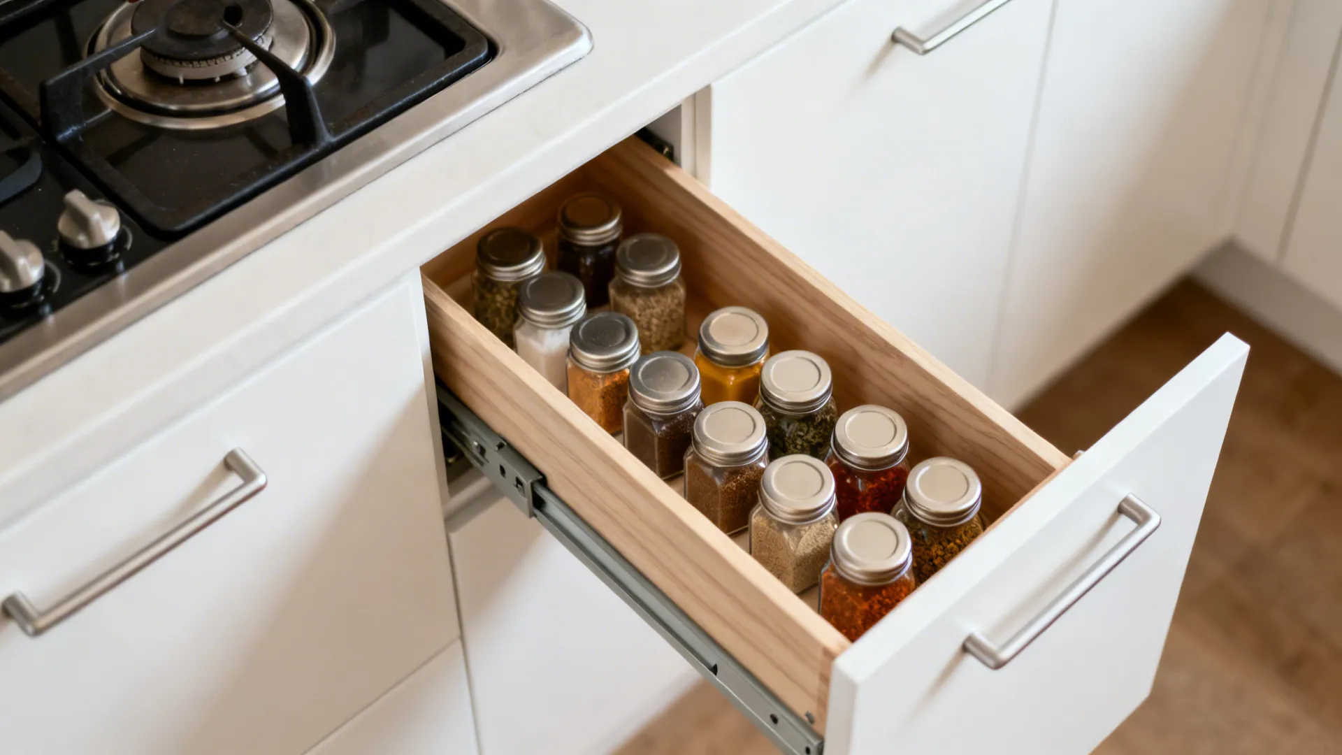 Close-up of a slim spice pull-out organizer beside the range in a minimalist kitchen.