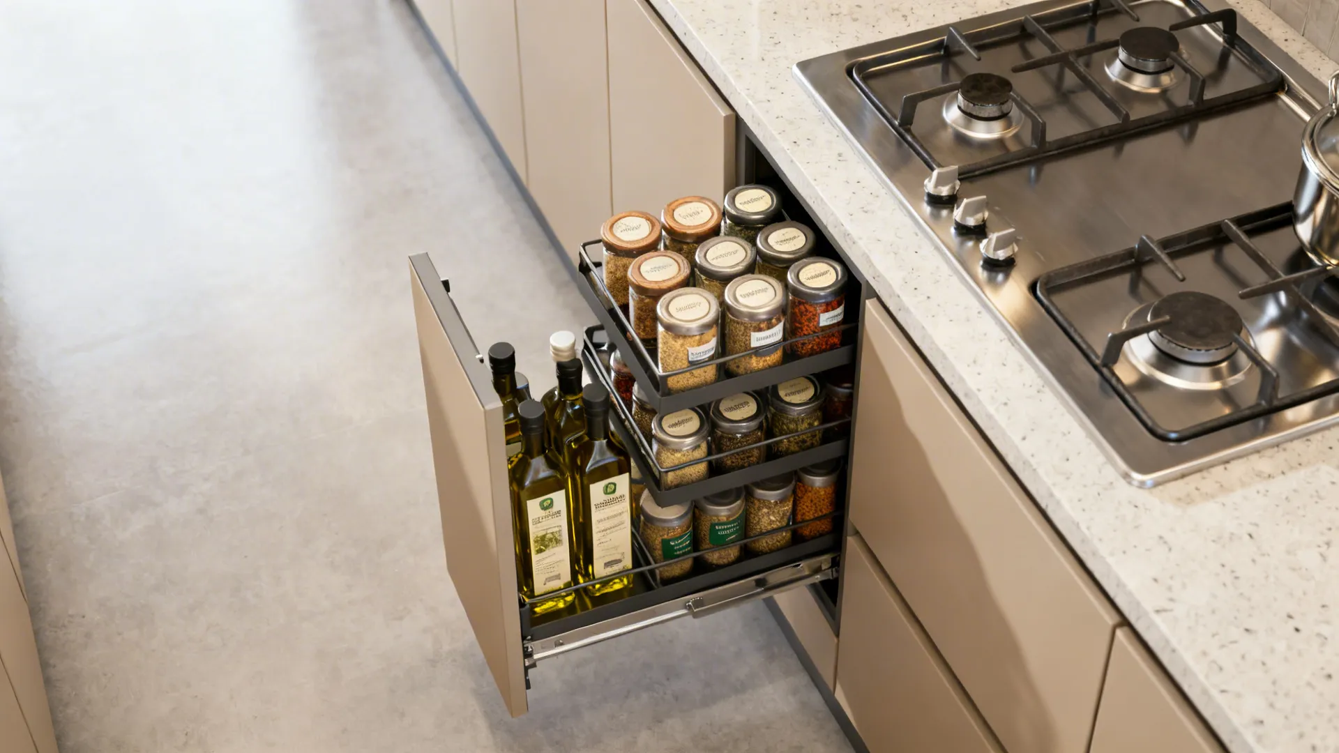 Open pull out kitchen cabinet containing glass olive oil bottles and many organized spice jars