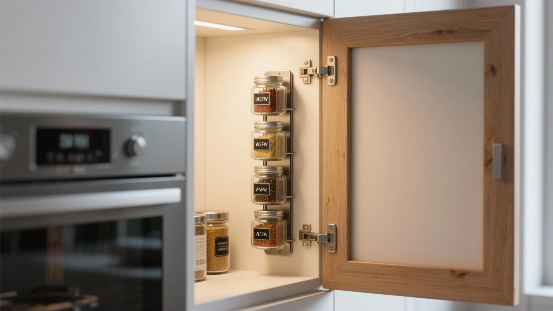 1. Slim spice rack mounted on inside of cabinet door