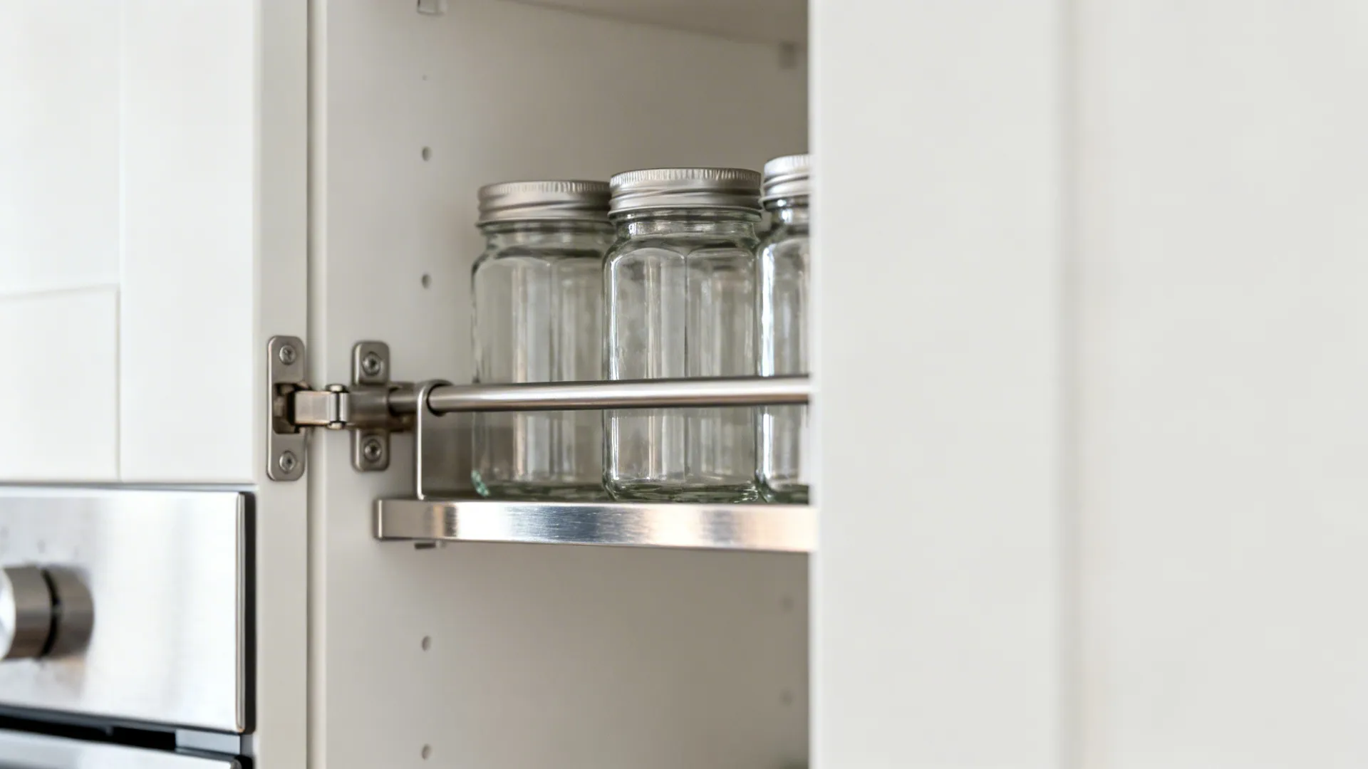Macro of an inside-door spice rail with neatly arranged jars in a minimalist cabinet.