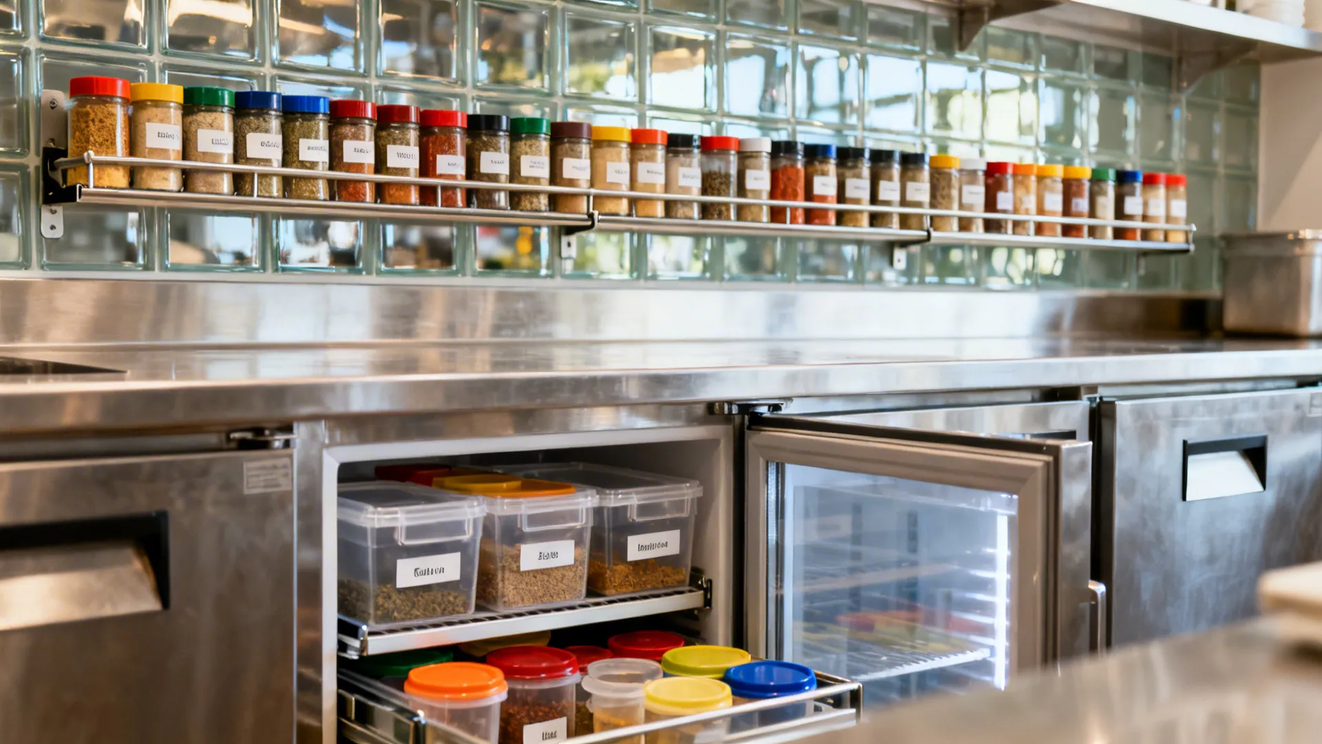 Close view of labeled clear bins and spice rails above a prep counter with drawer fridges below.