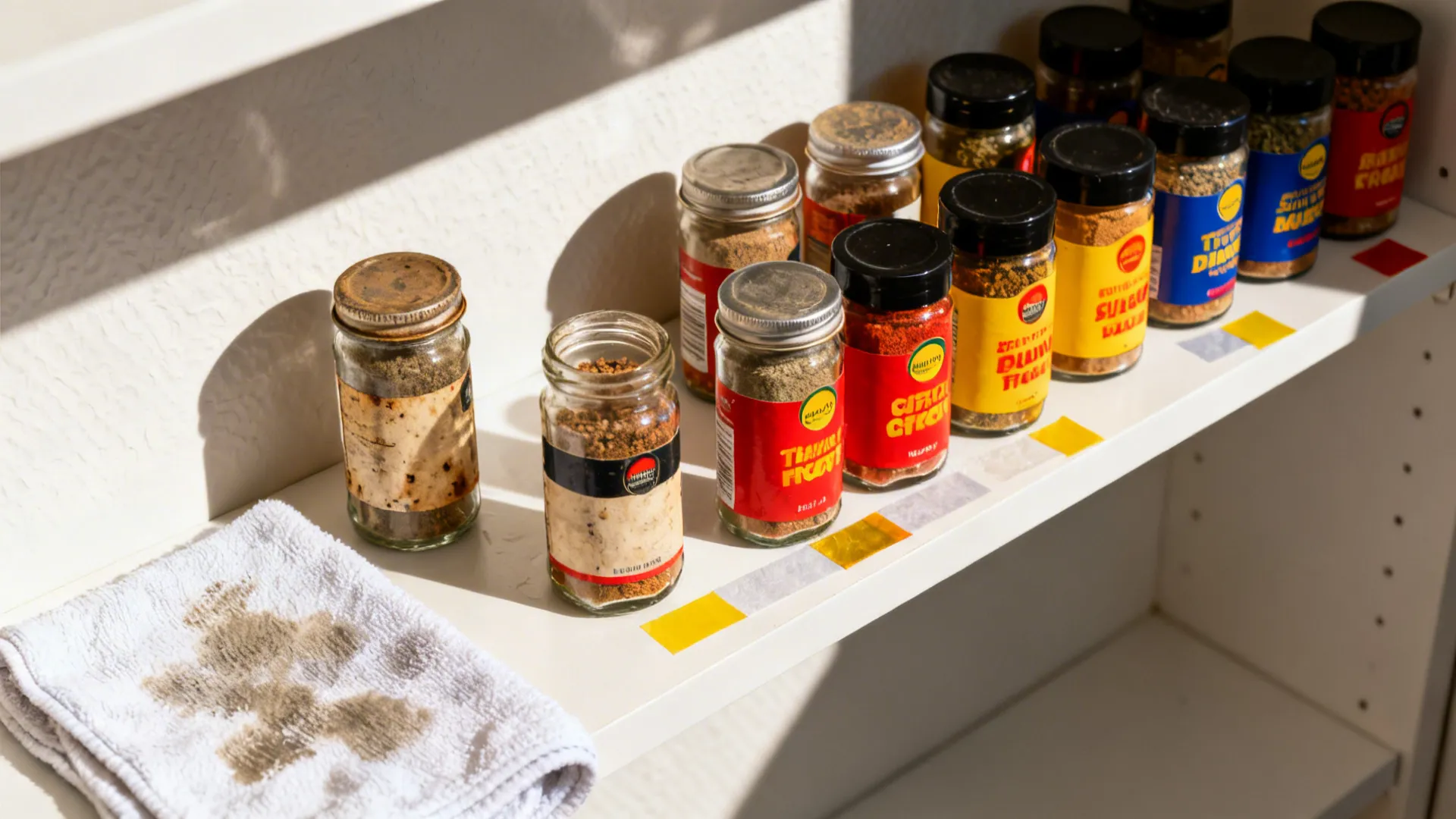 Top-down view of spices being reorganized and relabeled during cleaning.