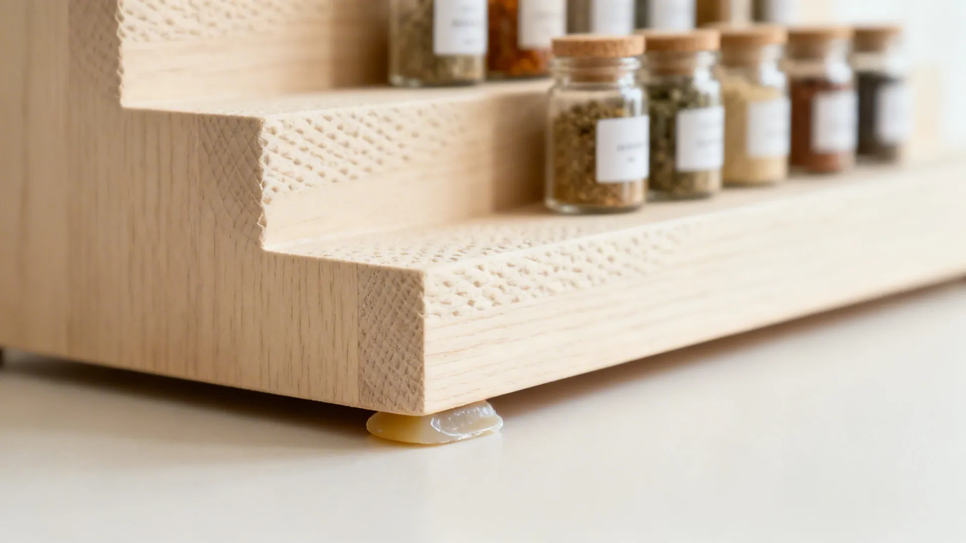 Close-up of tiered spice riser step with aligned jars and museum putty under the foot for grip.