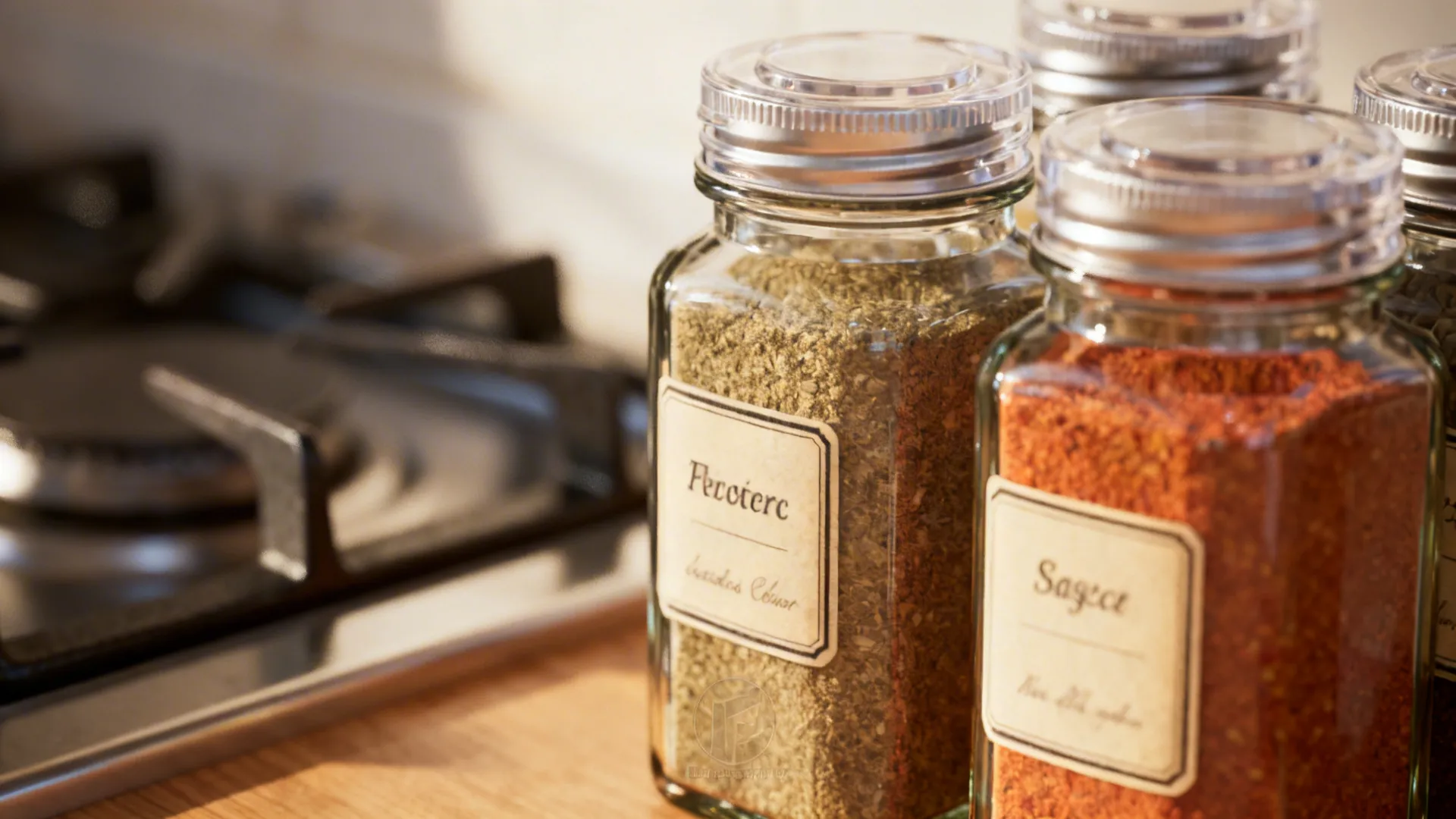 Airtight labeled spice jars stored safely away from direct heat and sunlight near a stove.