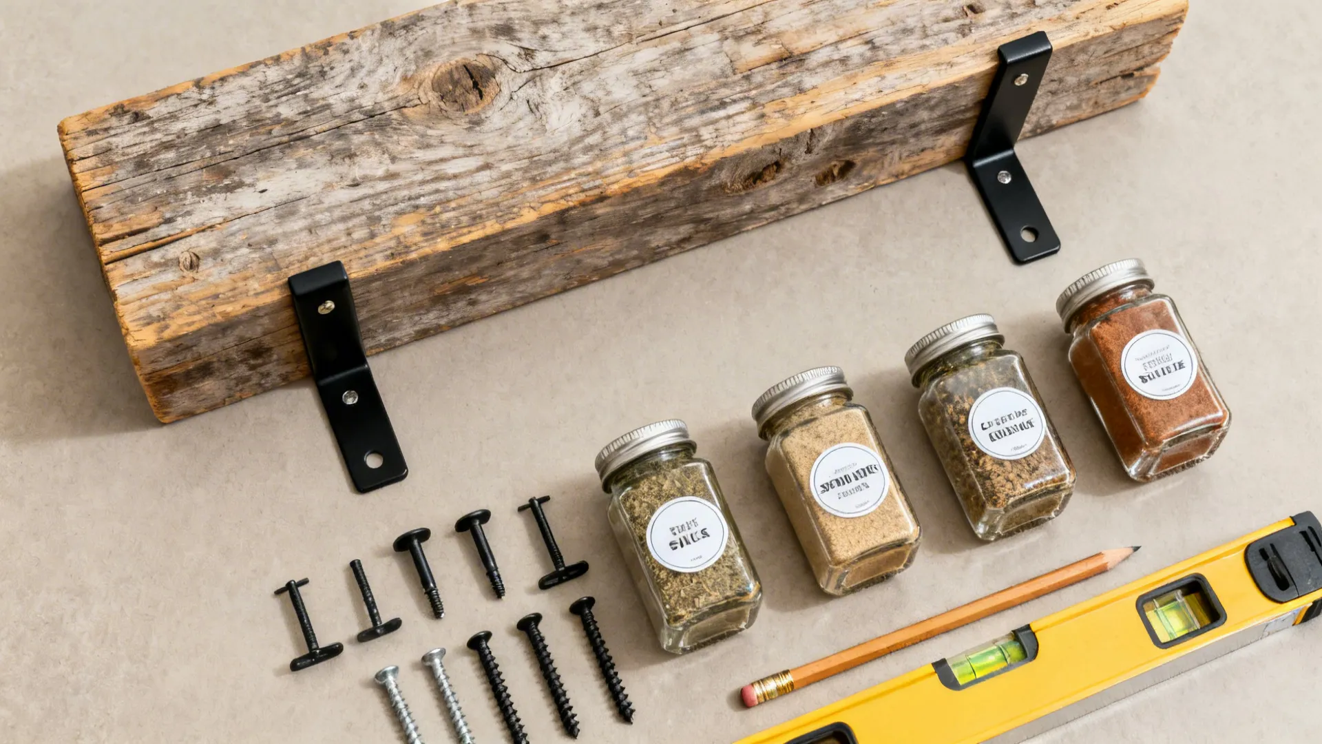 Flat lay of reclaimed board, black brackets, anchors, level, and labeled spice jars.
