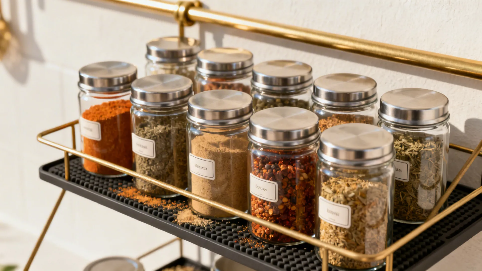Close-up of labeled borosilicate spice jars on a tiered shelf with a silicone mat.