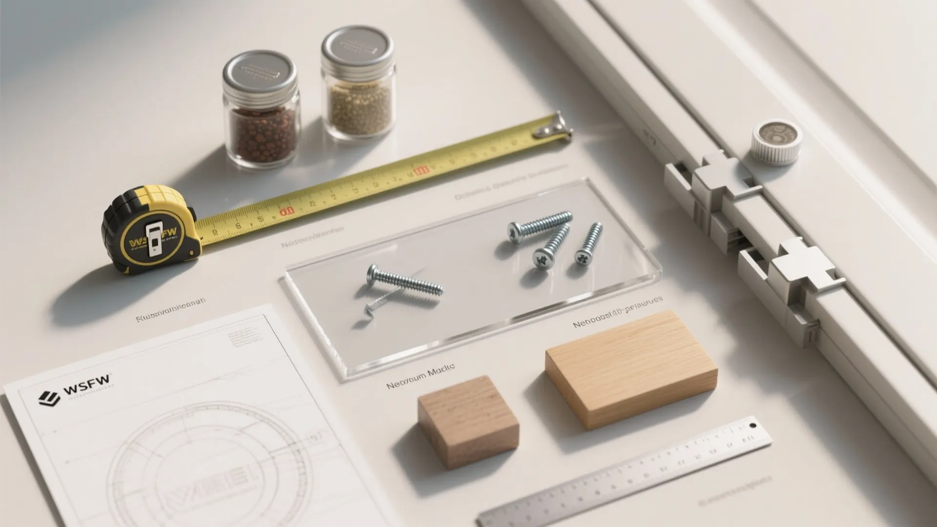 Flatlay of tools and sample jars for door-mounted spice storage installation.