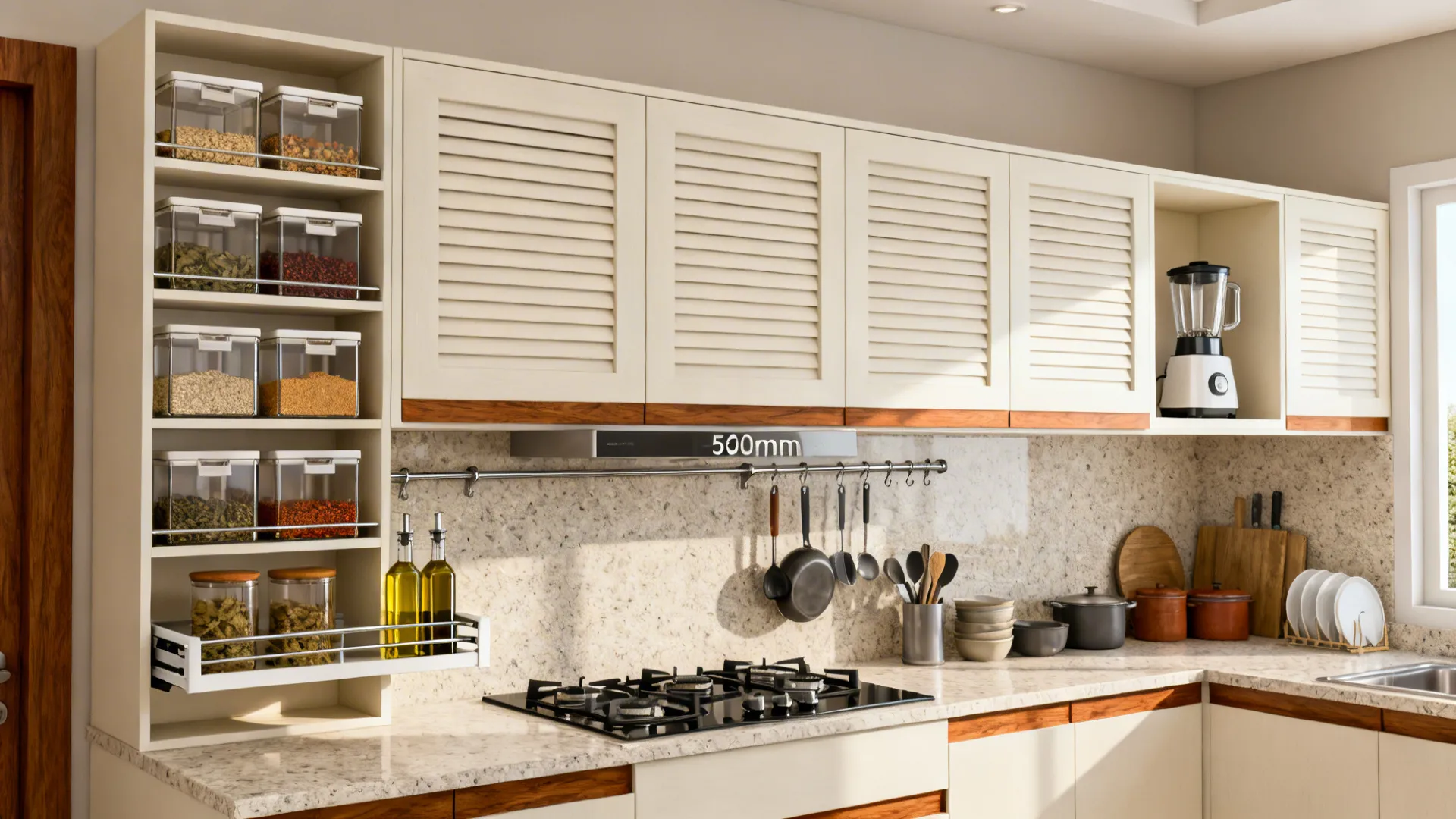 Minimalist spice-and-storage wall with tall pantry, rail shelves, and slim oil pull-out.