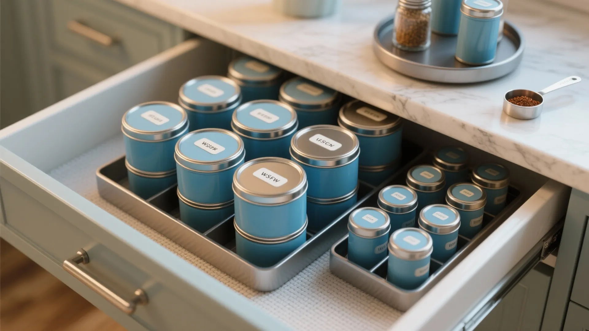 Open kitchen drawer organized with small blue spice containers and white marble countertop with spoon