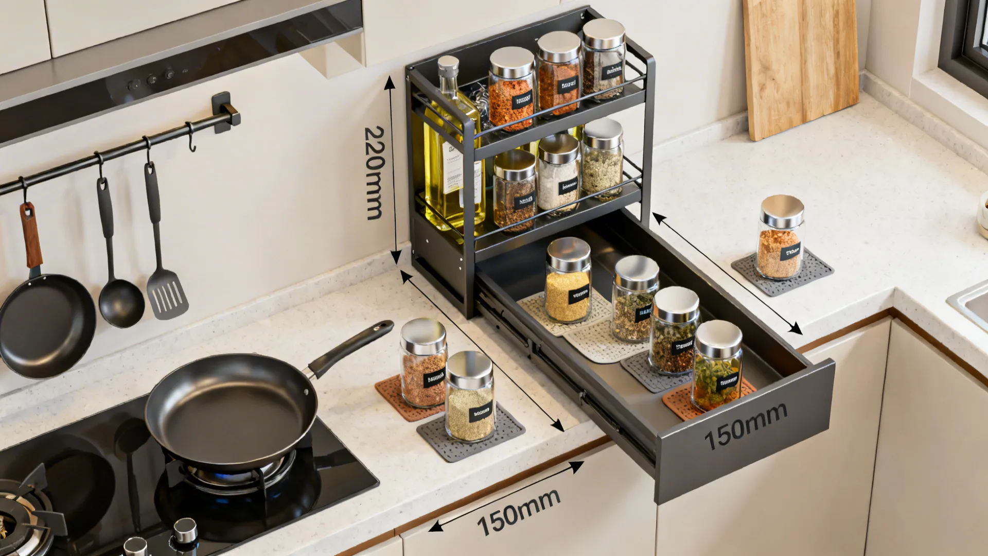 Top-down view of compact kitchen zones with open spice shelves, rail, and narrow pull-out.