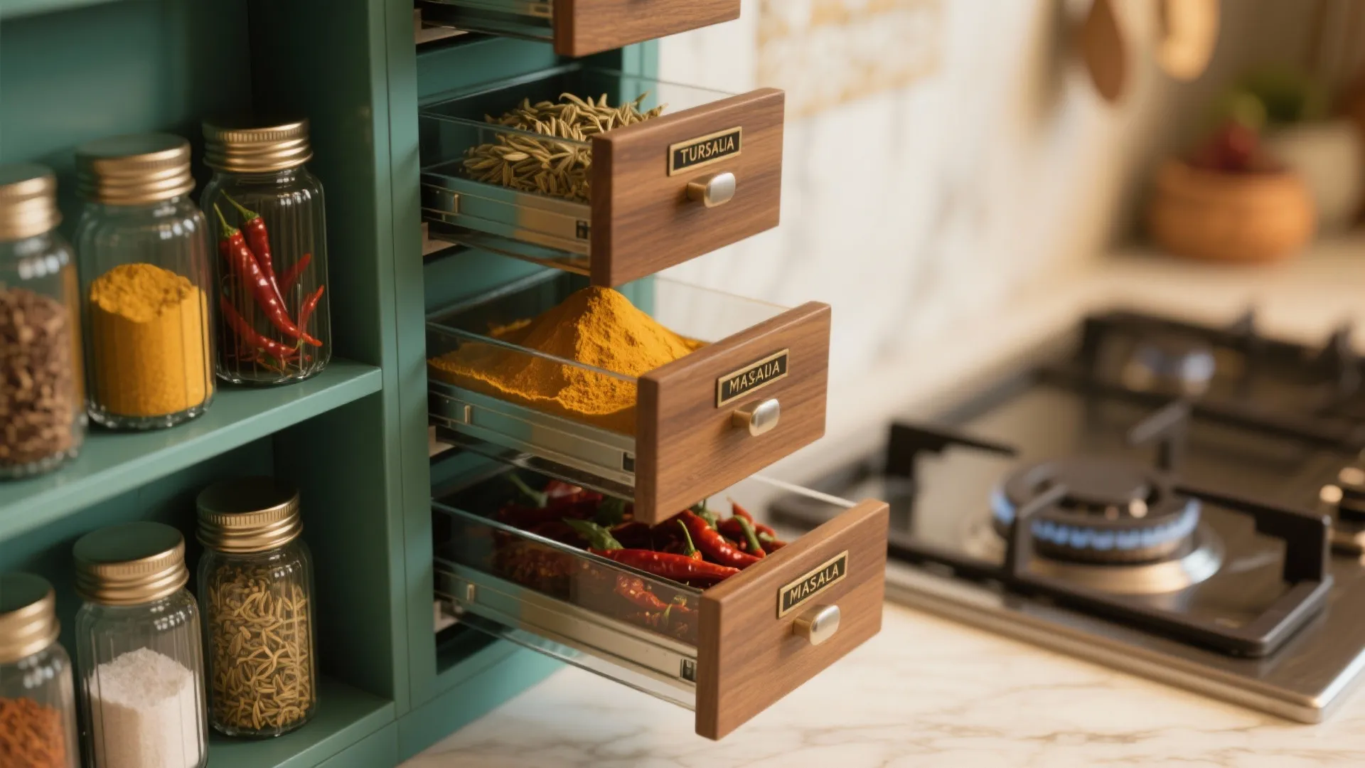 Kitchen wall storage with green shelf and wooden pull out drawers containing various colored spices