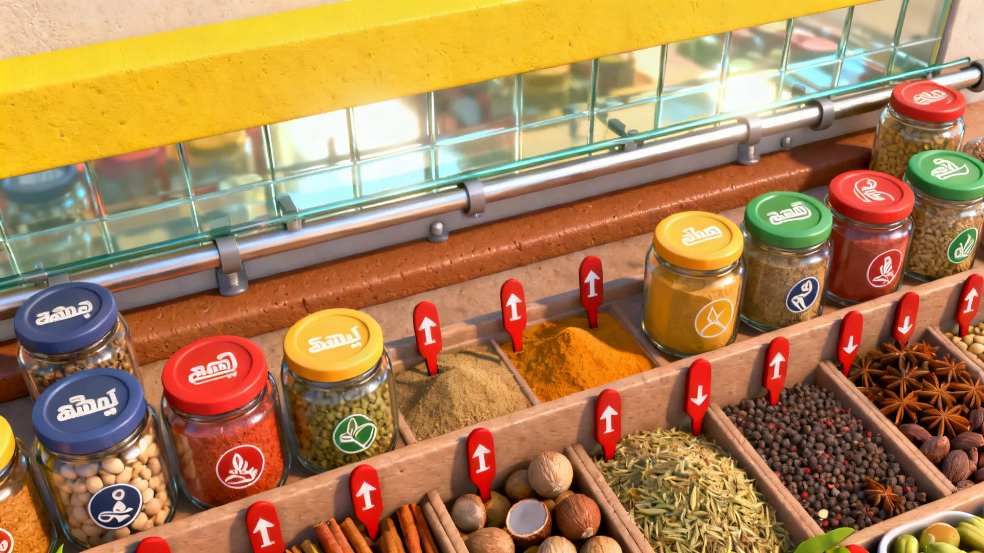 Top-down spice wall plan with color-coded jars and a reflective glass backsplash rail.