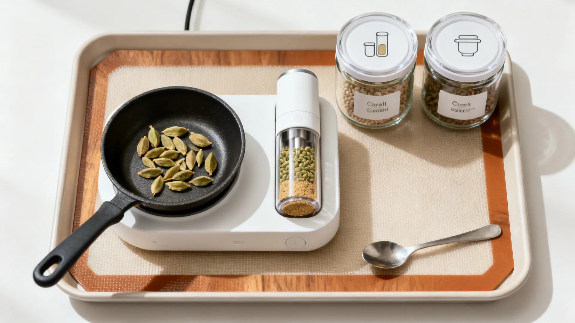 Top-down tray with a mini toasting pan, compact grinder, and airtight jars for cardamom.
