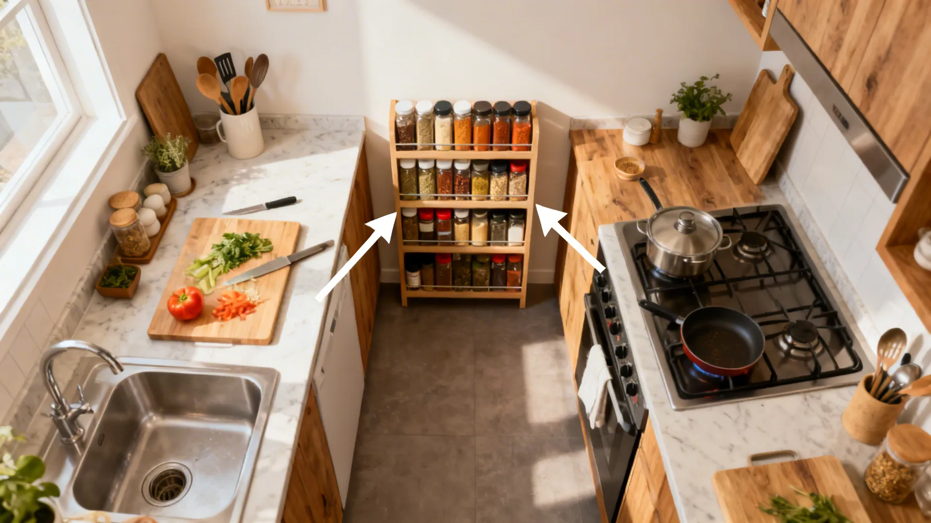 Top-down view of a small kitchen highlighting ideal spice rack placement.