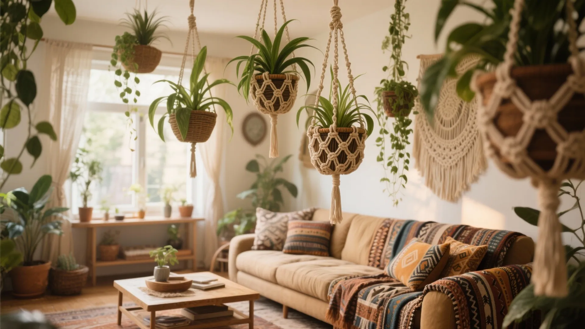Spider plants in macrame baskets hanging above boho sofa