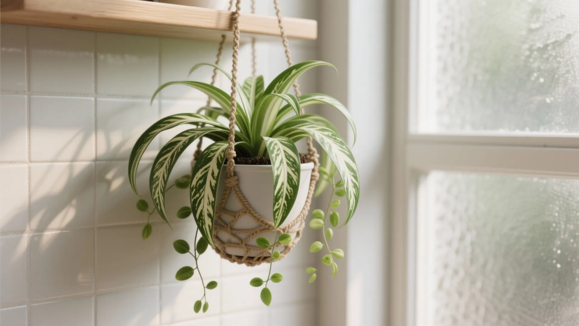 Green and white hanging plant in macrame holder against white tile wall and bright window