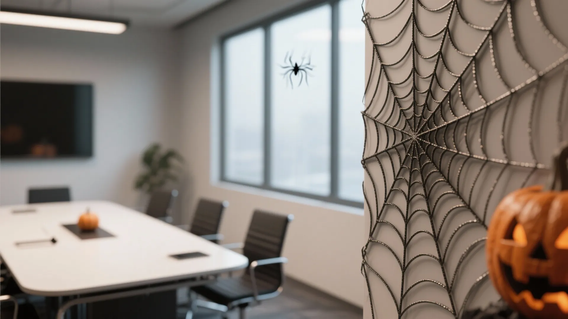 Modern office meeting room decorated with black spider webs and orange pumpkins for Halloween holiday