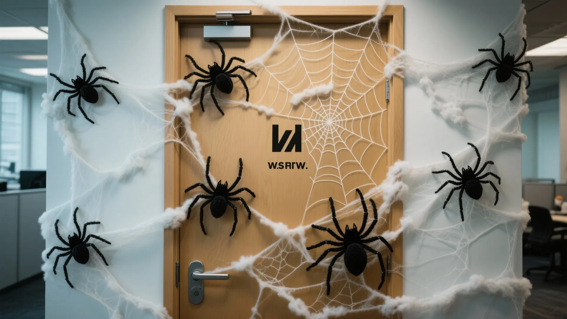 Wooden office door covered in white fake spider webs with several large black plastic spiders