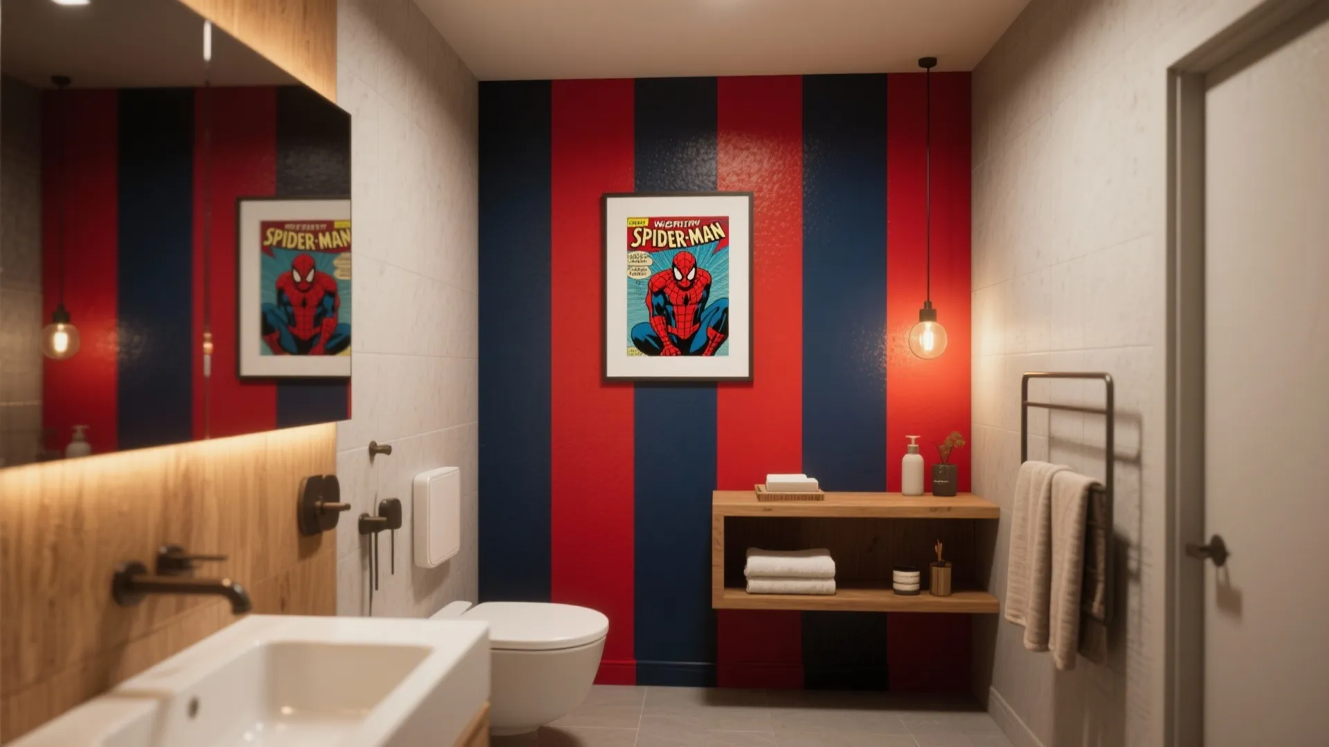 Modern bathroom with red blue striped accent wall, Spider-Man poster, wooden shelf, and white toilet