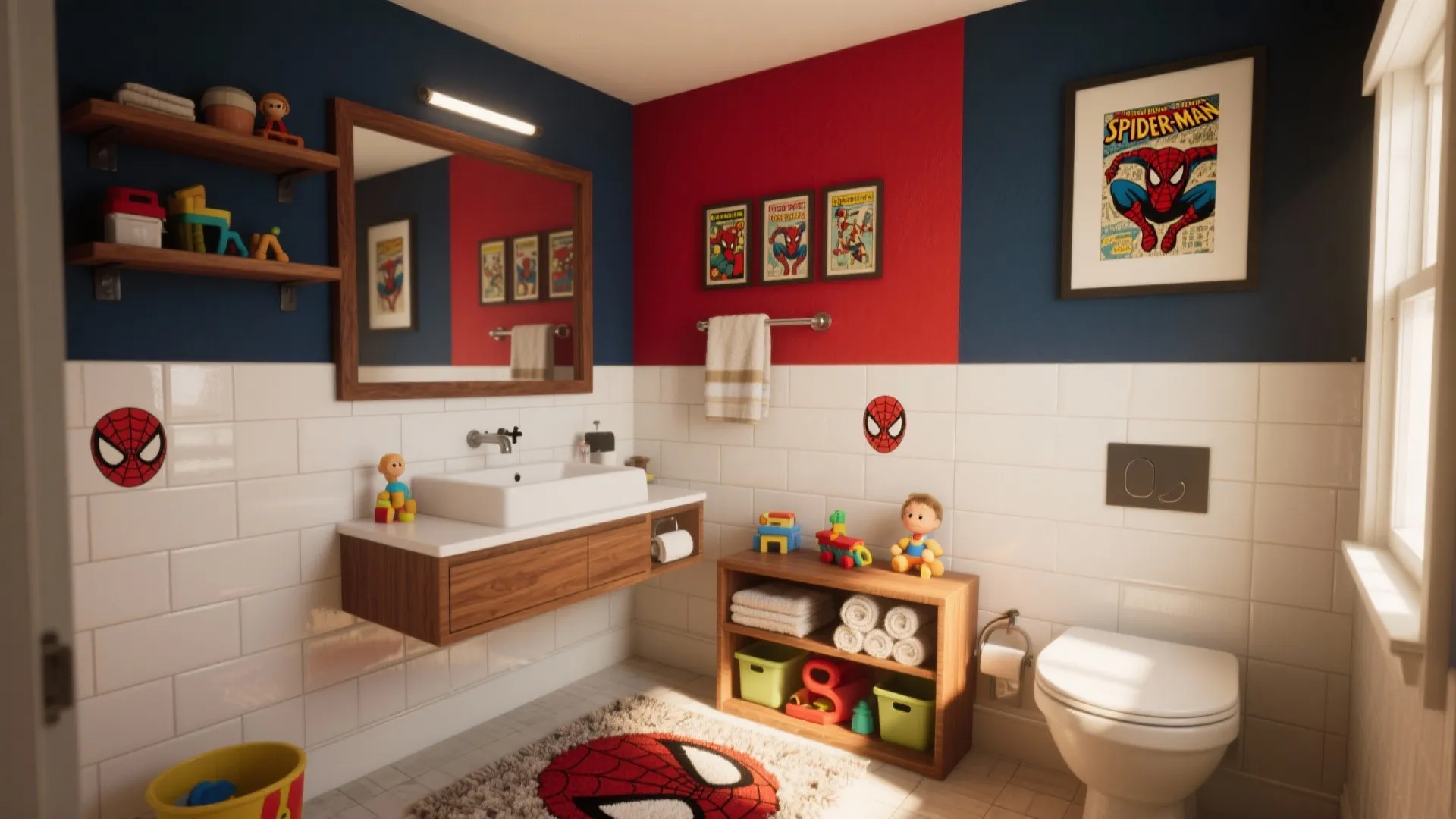 Kids bathroom with red blue walls wooden cabinet white tiles superhero rug and framed posters