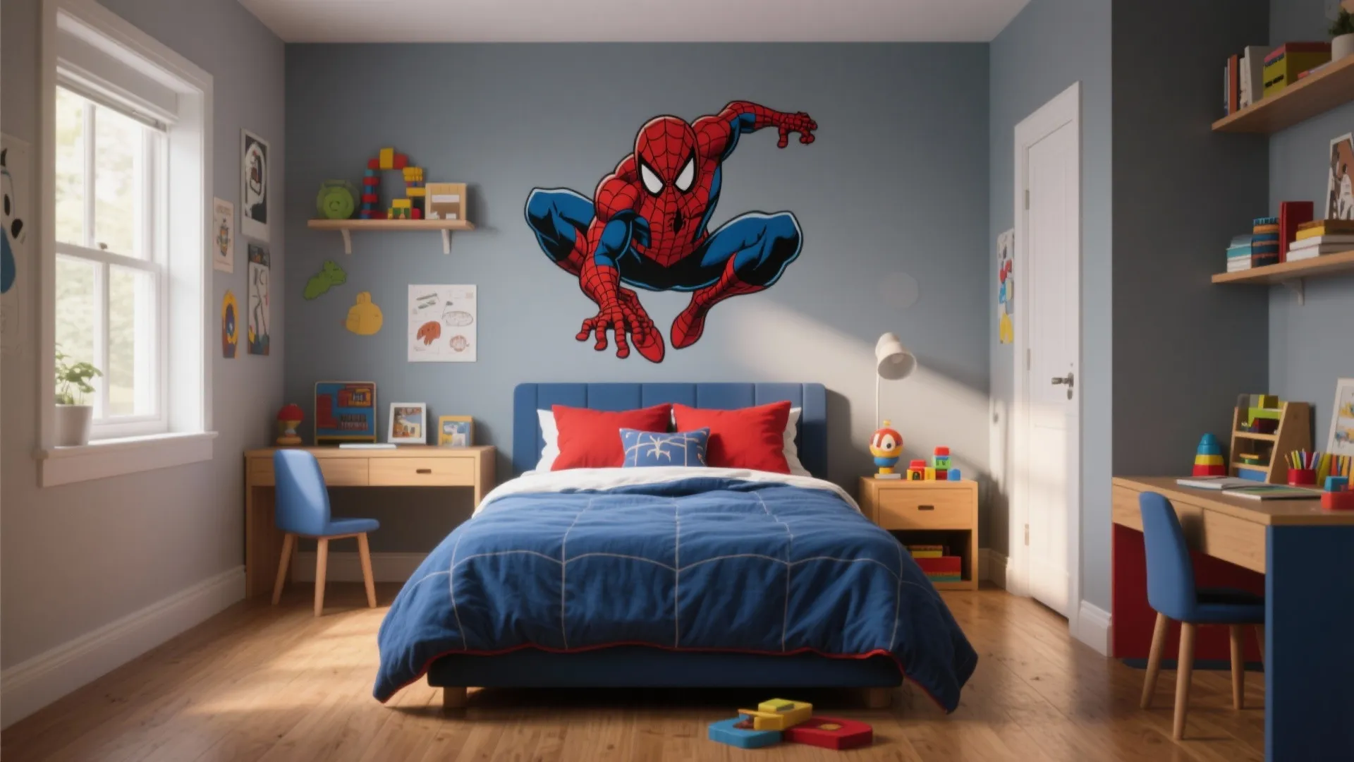 Kids bedroom with blue bed red pillows spiderman wall decal two wooden desks and toys