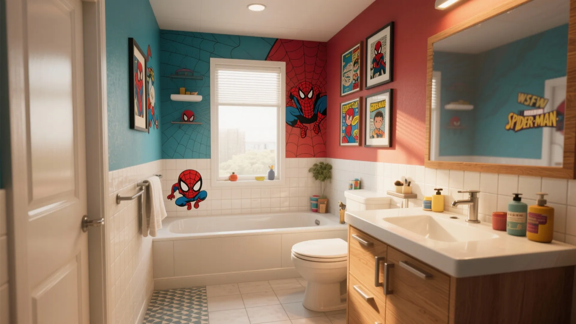 Kids bathroom design featuring Spider-Man wall art, blue red walls, bathtub, toilet, and wooden vanity