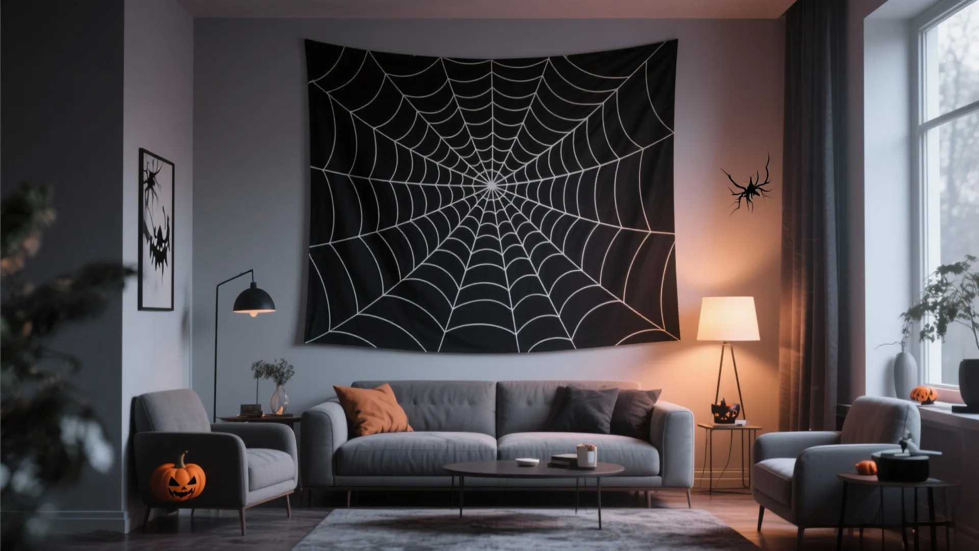 Large spider web wall hanging above grey sofa in a modern room with orange pumpkin decor